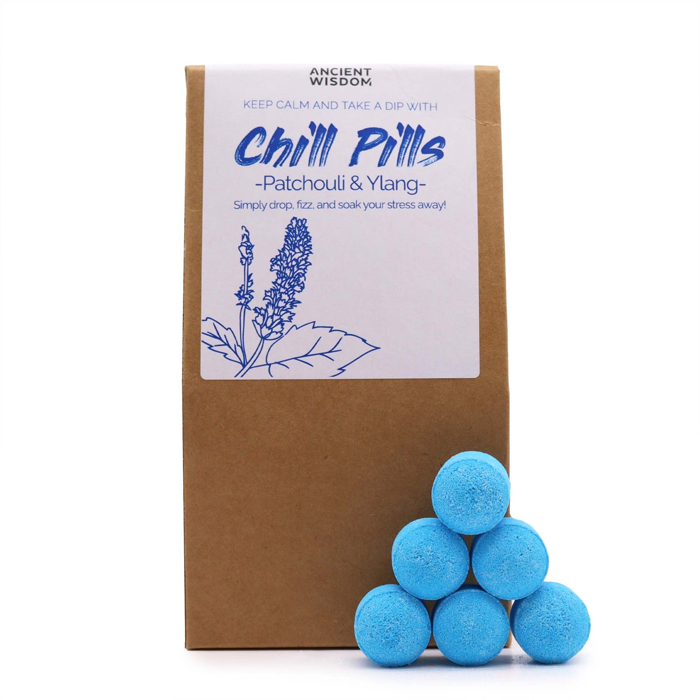 350g Handmade Vegan-Friendly Bath Bomb Chill Pills Gift Pack - Ylang and Patchouli product packaging on clean background from Quintessential Holistic Health Ltd
