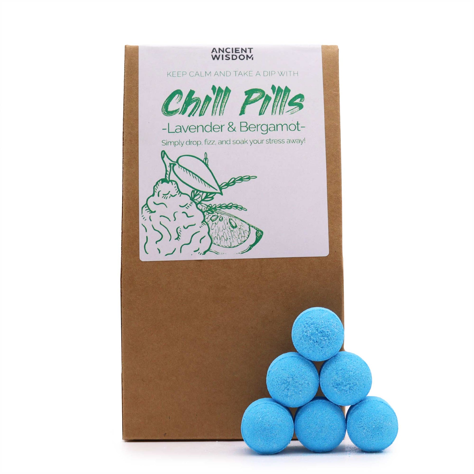 Vegan Bath Bomb Chill Pills - Lavender & Bergamot - 350g, upright kraft box with a green botanical label and six bright blue tablets, by Quintessential Holistic Health Ltd