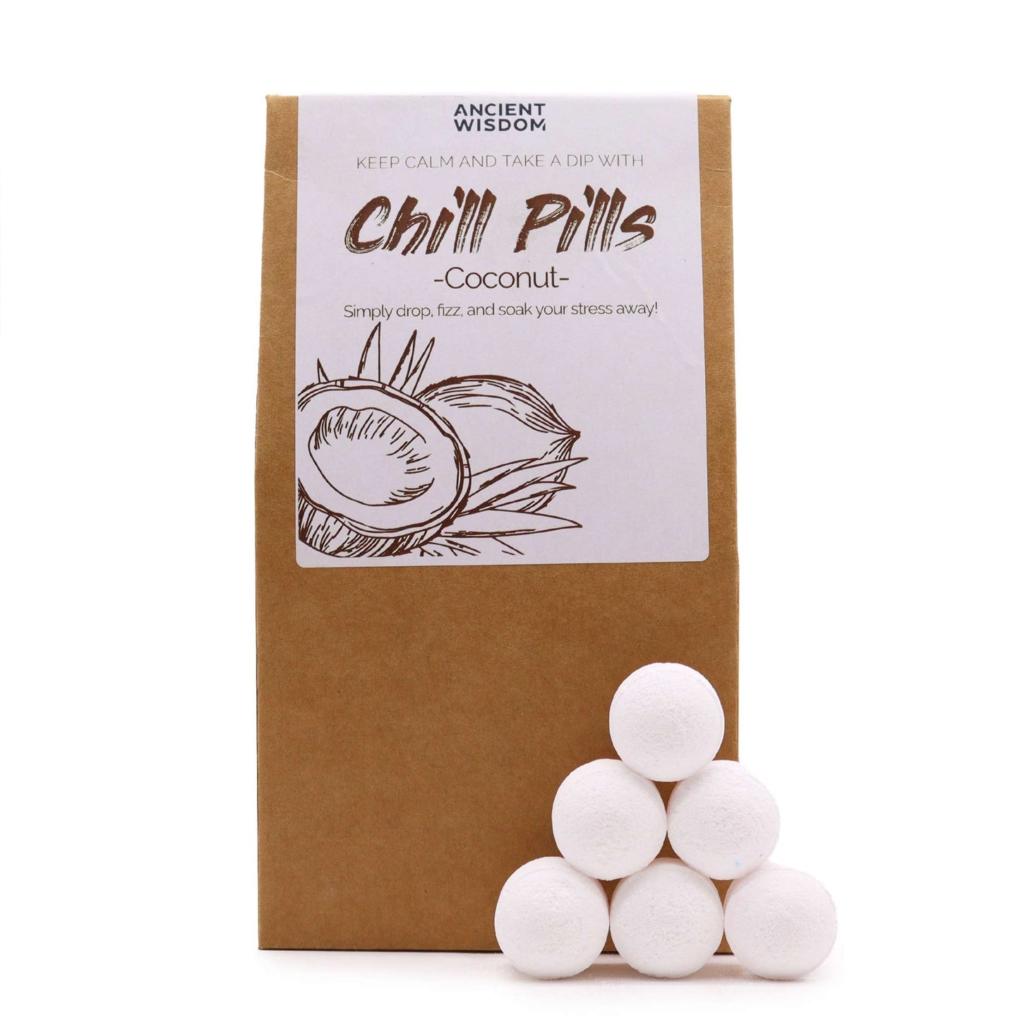 Bath Bomb Chill Pills Gift Pack - Summer of Love - 350g, upright brown box beside six white balls by Quintessential Holistic Health Ltd