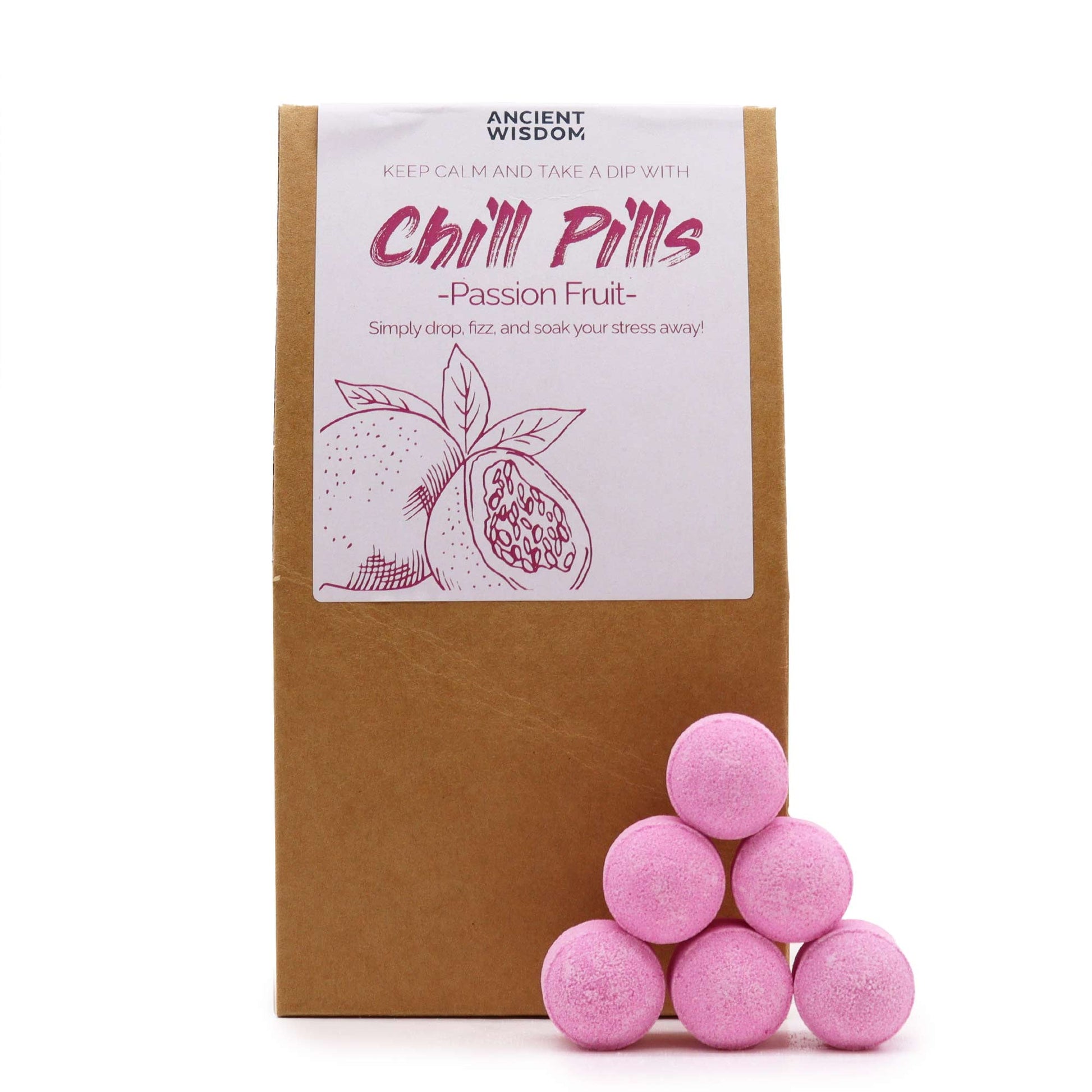 350g Handmade Vegan-Friendly Bath Bomb Chill Pills Gift Pack - Passion Fruit product packaging on clean background from Quintessential Holistic Health Ltd