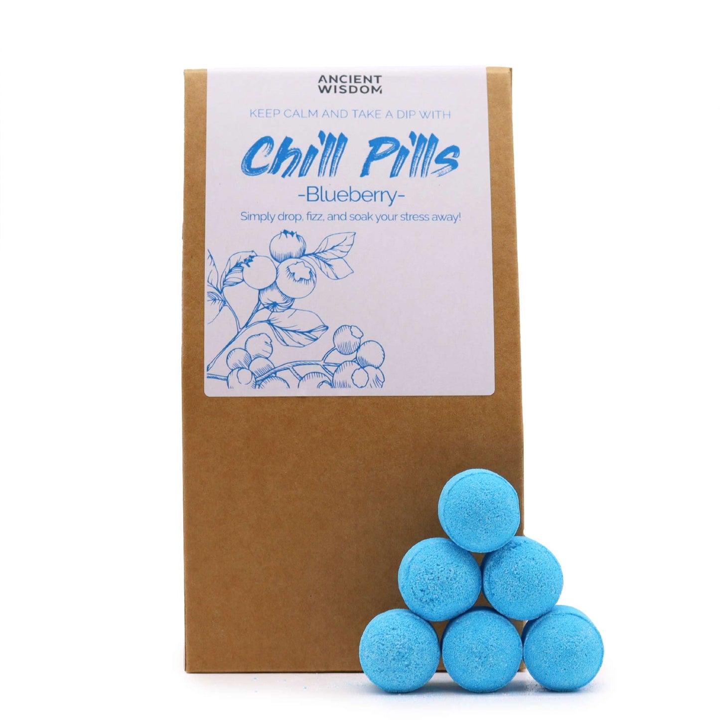 350g Handmade Vegan-Friendly Bath Bomb Chill Pills Gift Pack - Blueberry product packaging on clean background from Quintessential Holistic Health Ltd