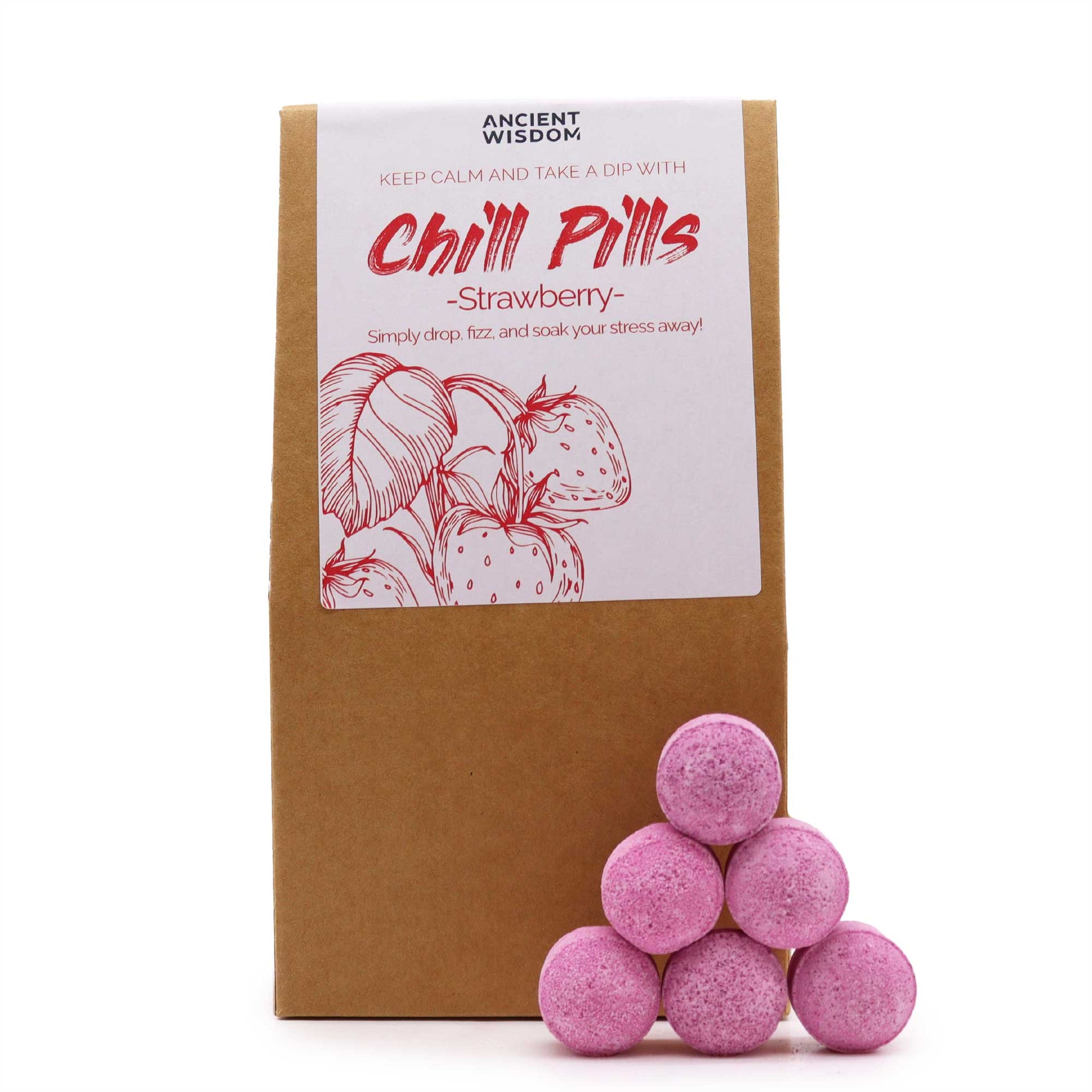350g Handmade Vegan-Friendly Bath Bomb Chill Pills Gift Pack - Strawberry product packaging on clean background from Quintessential Holistic Health Ltd