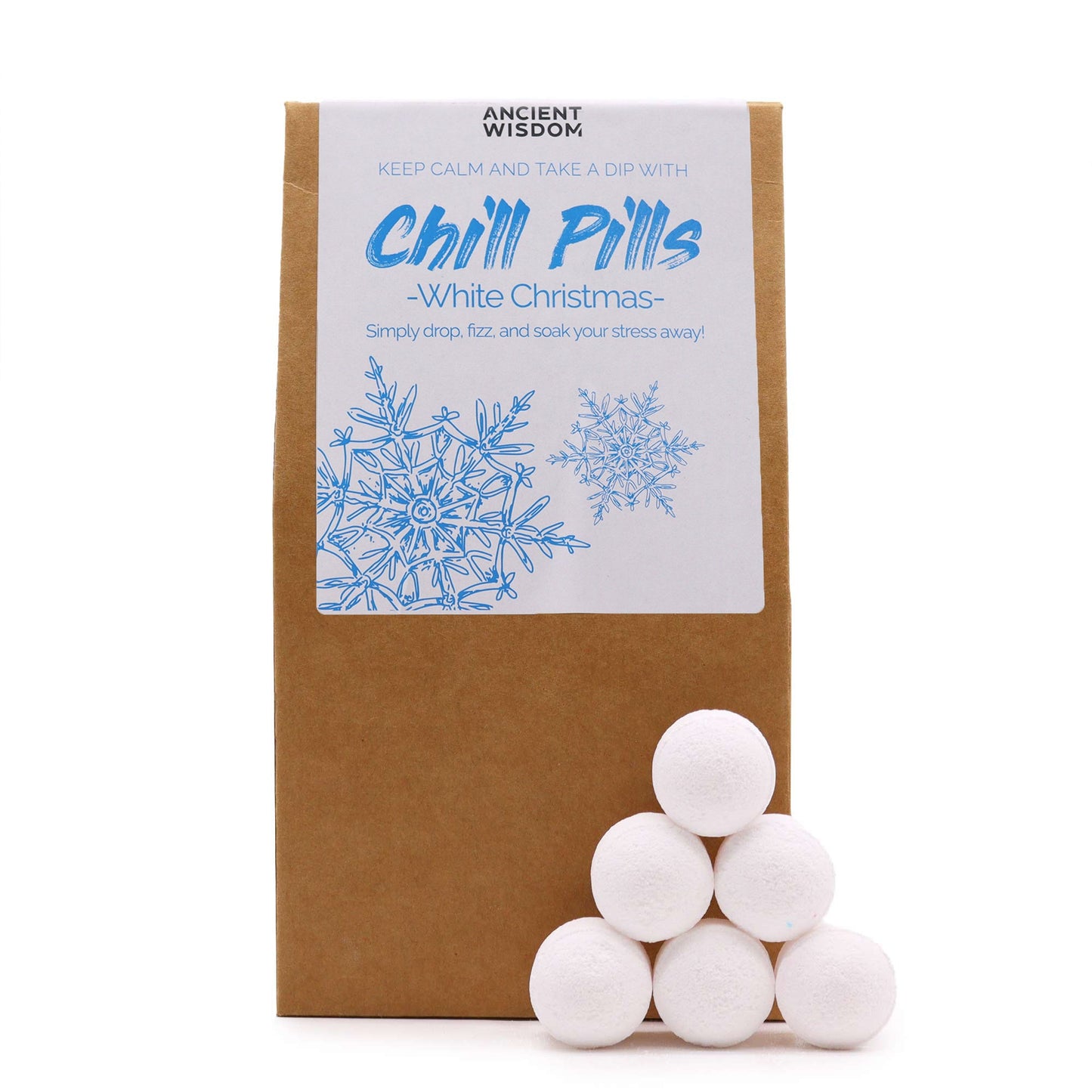 350g Handmade Vegan-Friendly Bath Bomb Chill Pills Gift Pack - White Christmas product packaging on clean background from Quintessential Holistic Health Ltd
