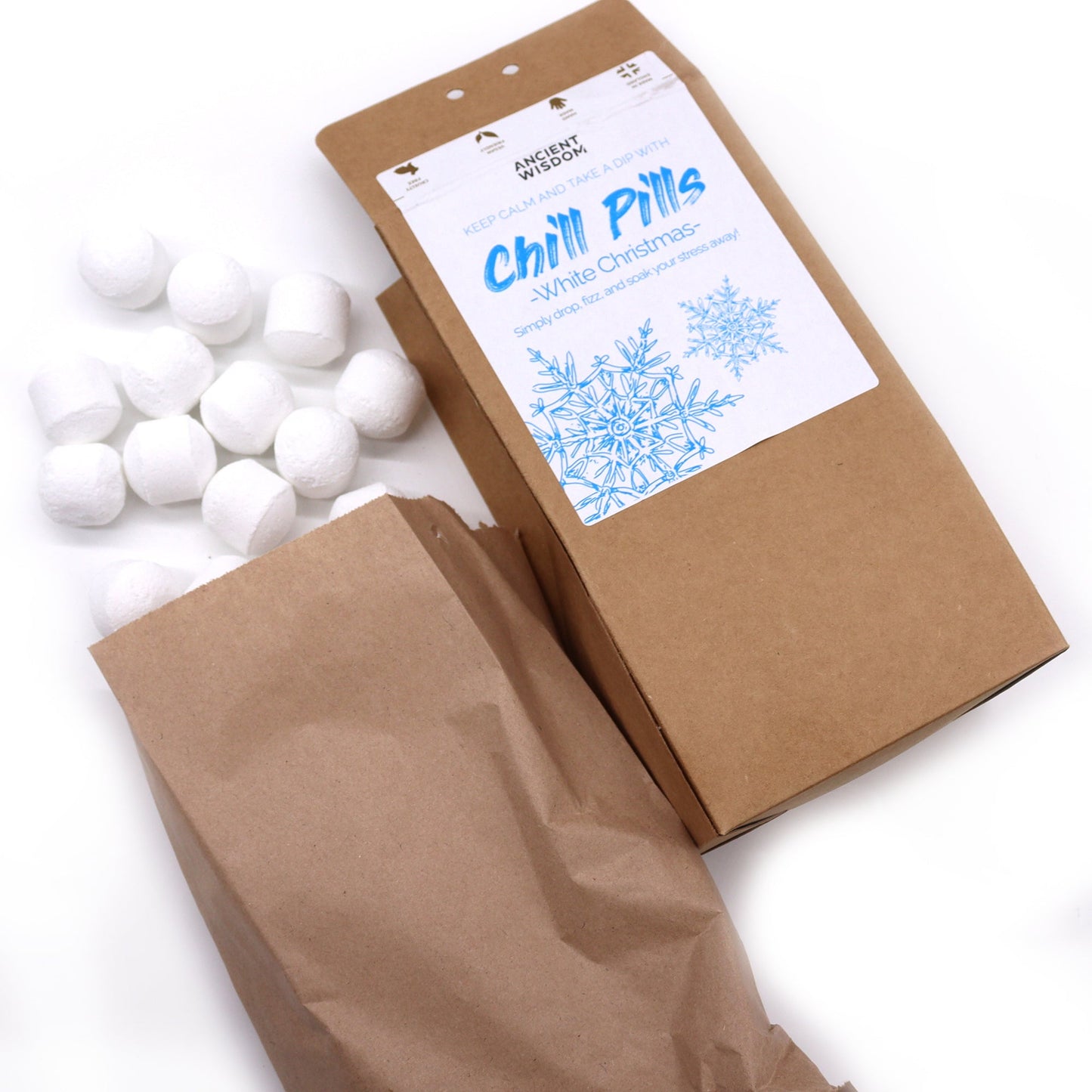 350g Handmade Vegan-Friendly Bath Bomb Chill Pills Gift Pack - White Christmas product packaging on clean background from Quintessential Holistic Health Ltd
