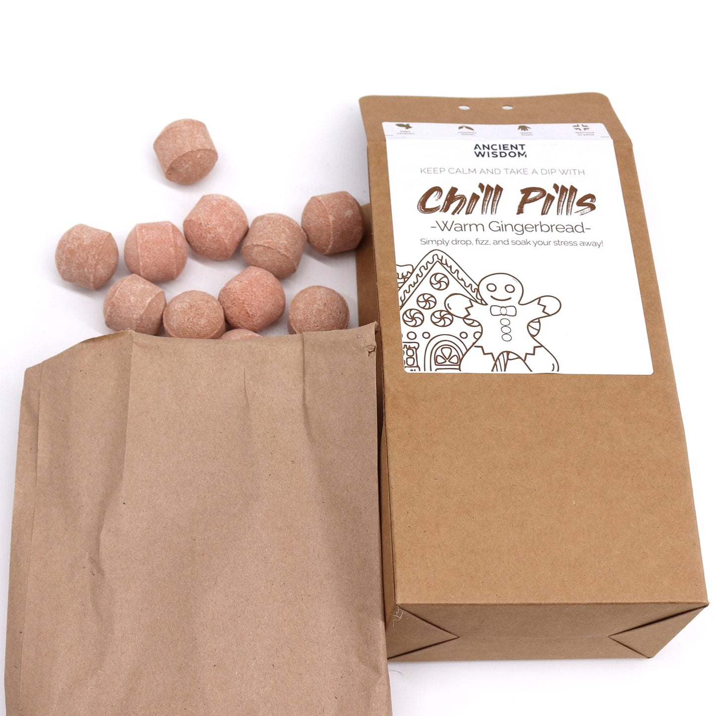 Bath Bomb Chill Pills Gift Pack - Warm Gingerbread - 350g, brown box with an open paper bag and scattered pink-brown balls by Quintessential Holistic Health Ltd