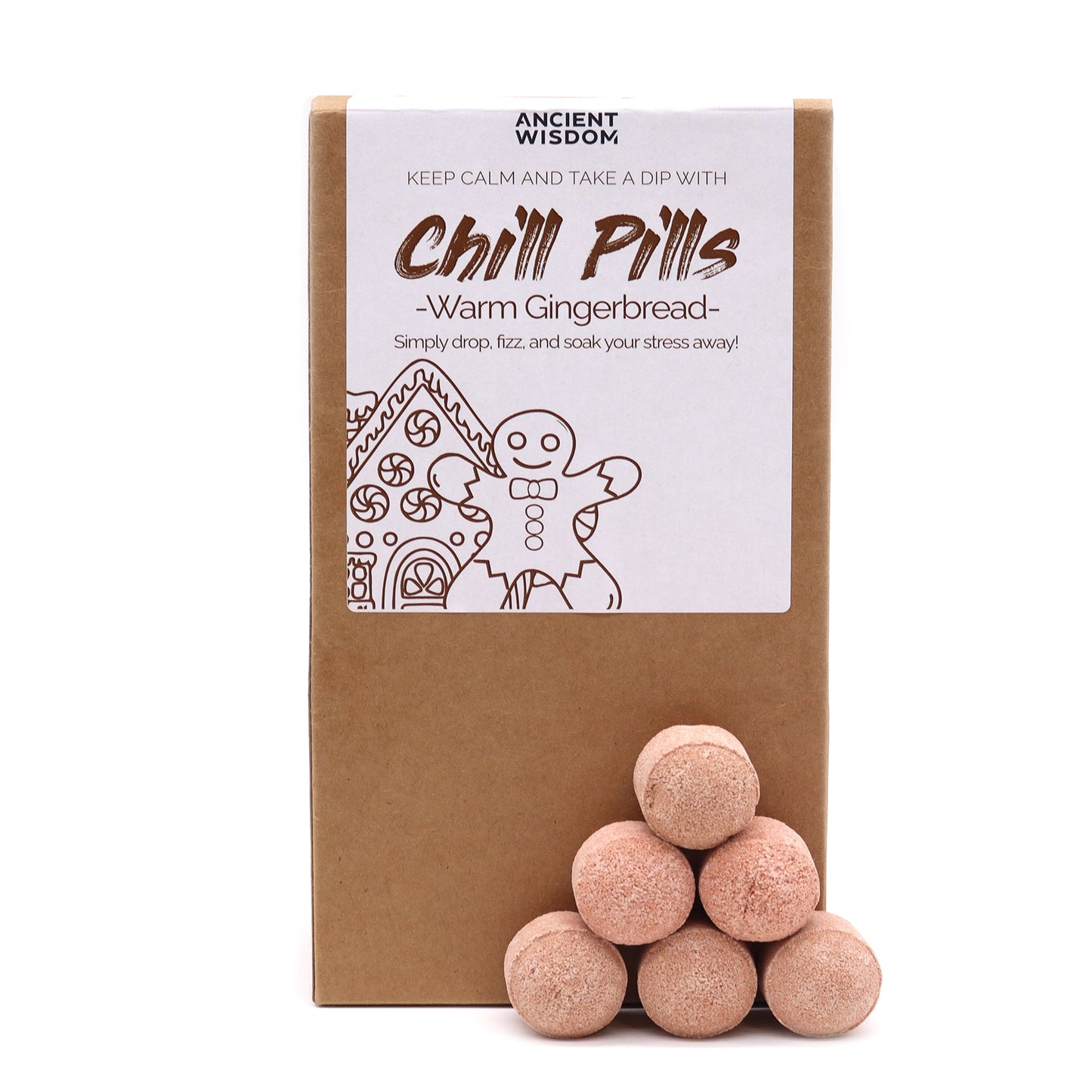 Bath Bomb Chill Pills Gift Pack - Warm Gingerbread - 350g, upright brown box beside six pale pink-brown balls by Quintessential Holistic Health Ltd