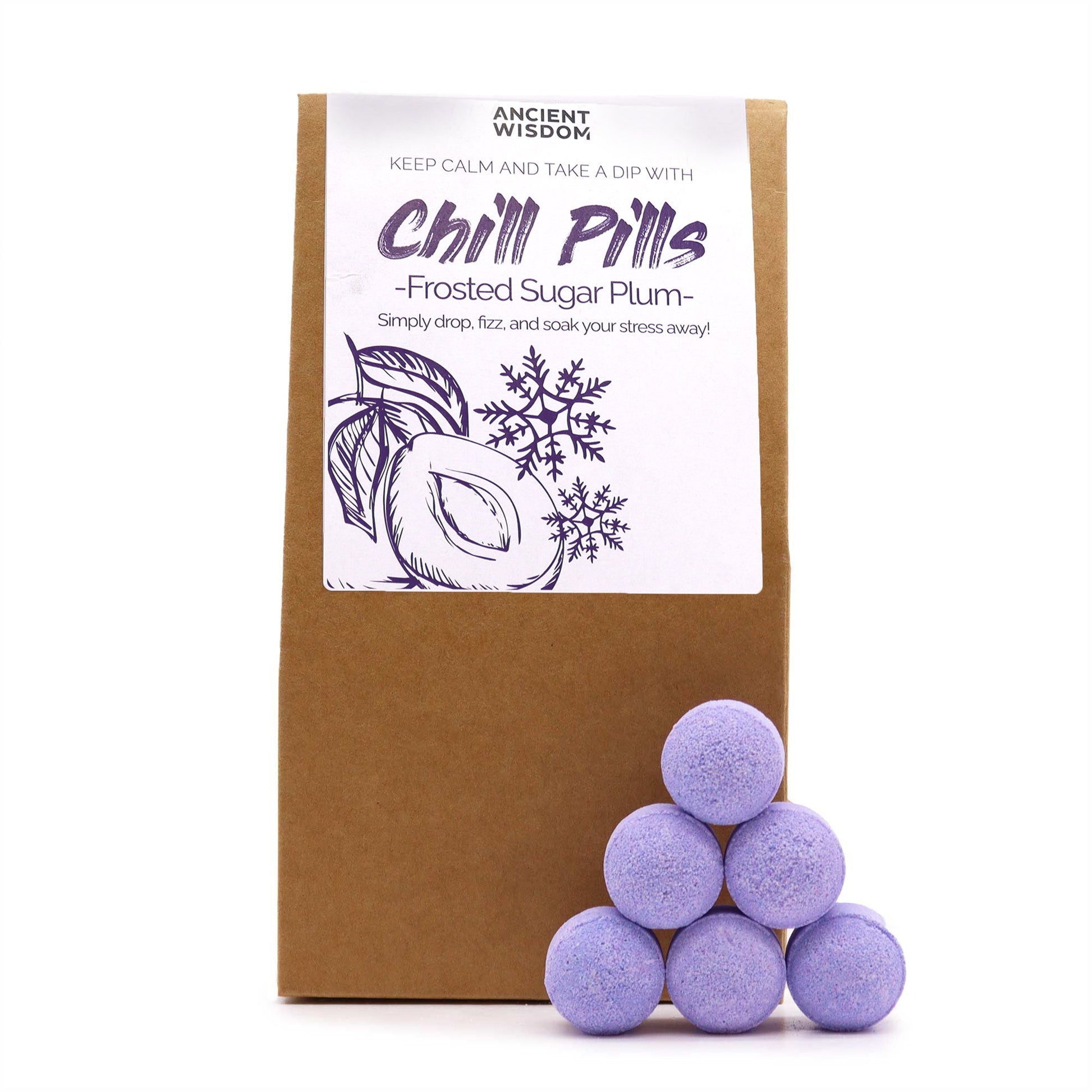 Vegan Bath Bomb Chill Pills - Frosted Sugar Plum - 350g, upright kraft box with a purple fruit label and six lilac tablets, by Quintessential Holistic Health Ltd