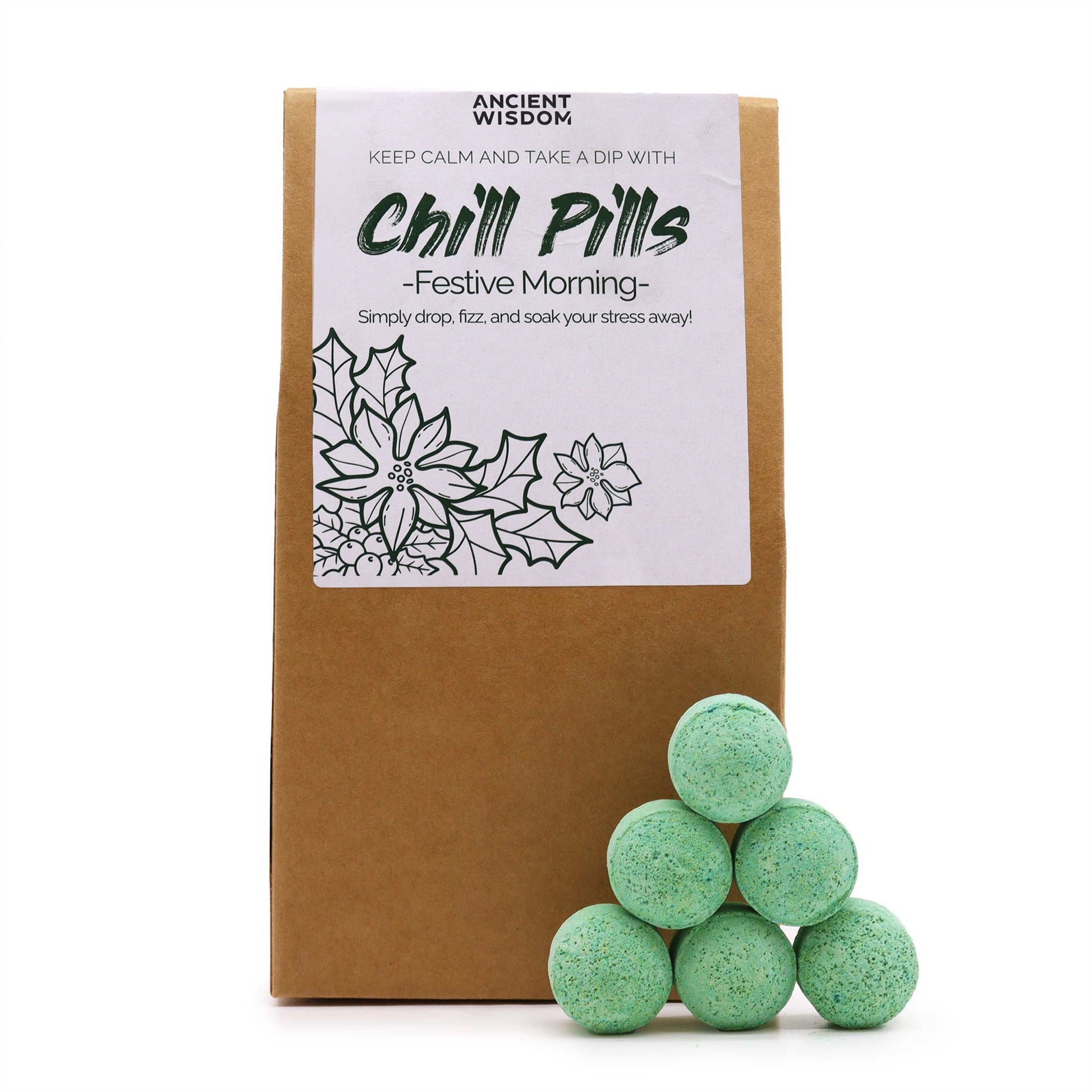 350g Handmade Vegan-Friendly Bath Bomb Chill Pills Gift Pack - Festive Morning product packaging on clean background from Quintessential Holistic Health Ltd