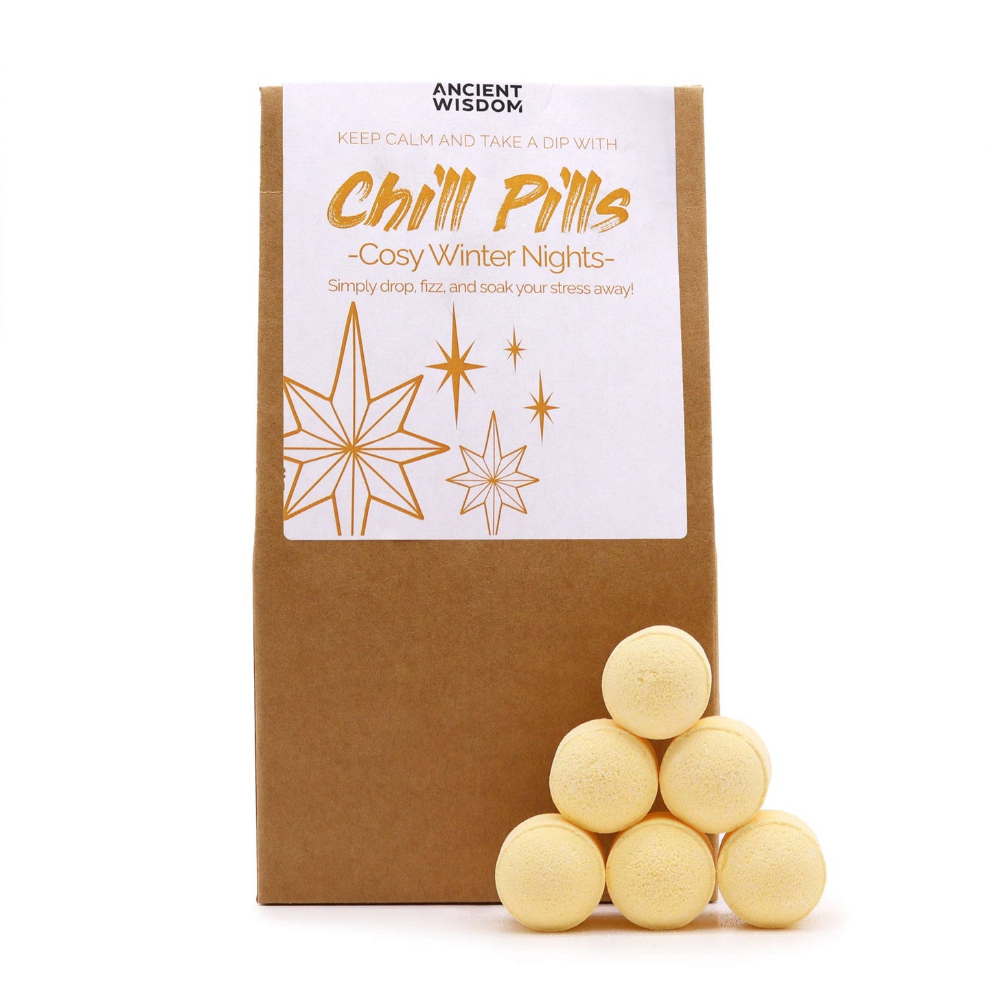 Vegan Bath Bomb Chill Pills - Cosy Winter Nights - 350g, upright kraft box with a gold star label and six pale yellow tablets, by Quintessential Holistic Health Ltd