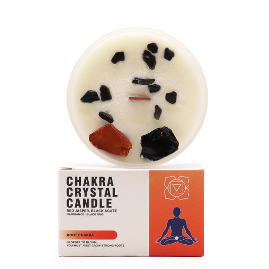 Scented Chakra Crystal and Eco-Friendly Soy Wax Candle - Root Chakra product packaging on clean background from Quintessential Holistic Health Ltd