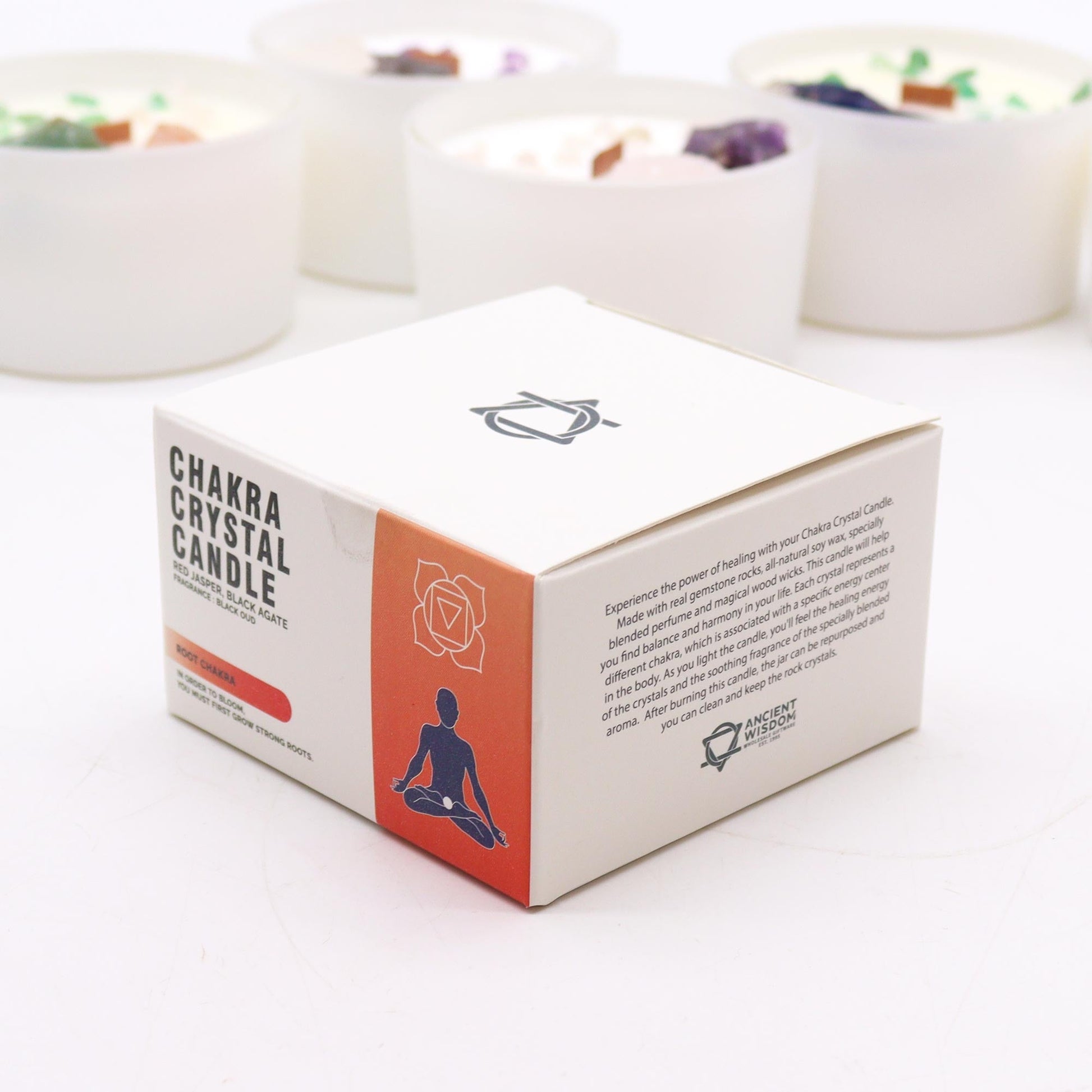 Scented Chakra Crystal and Eco-Friendly Soy Wax Candle - Root Chakra product packaging on clean background from Quintessential Holistic Health Ltd