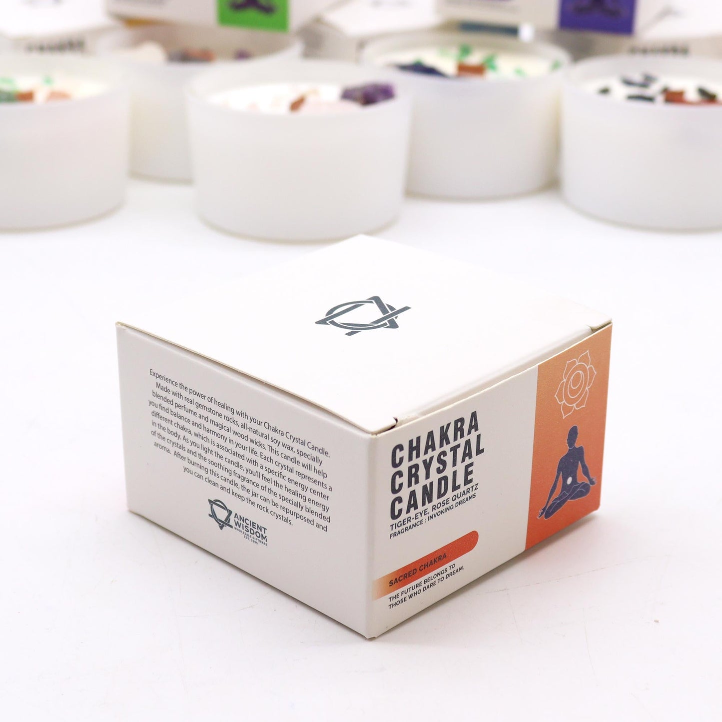 Scented Chakra Crystal and Eco-Friendly Soy Wax Candle - Sacred Chakra product packaging on clean background from Quintessential Holistic Health Ltd