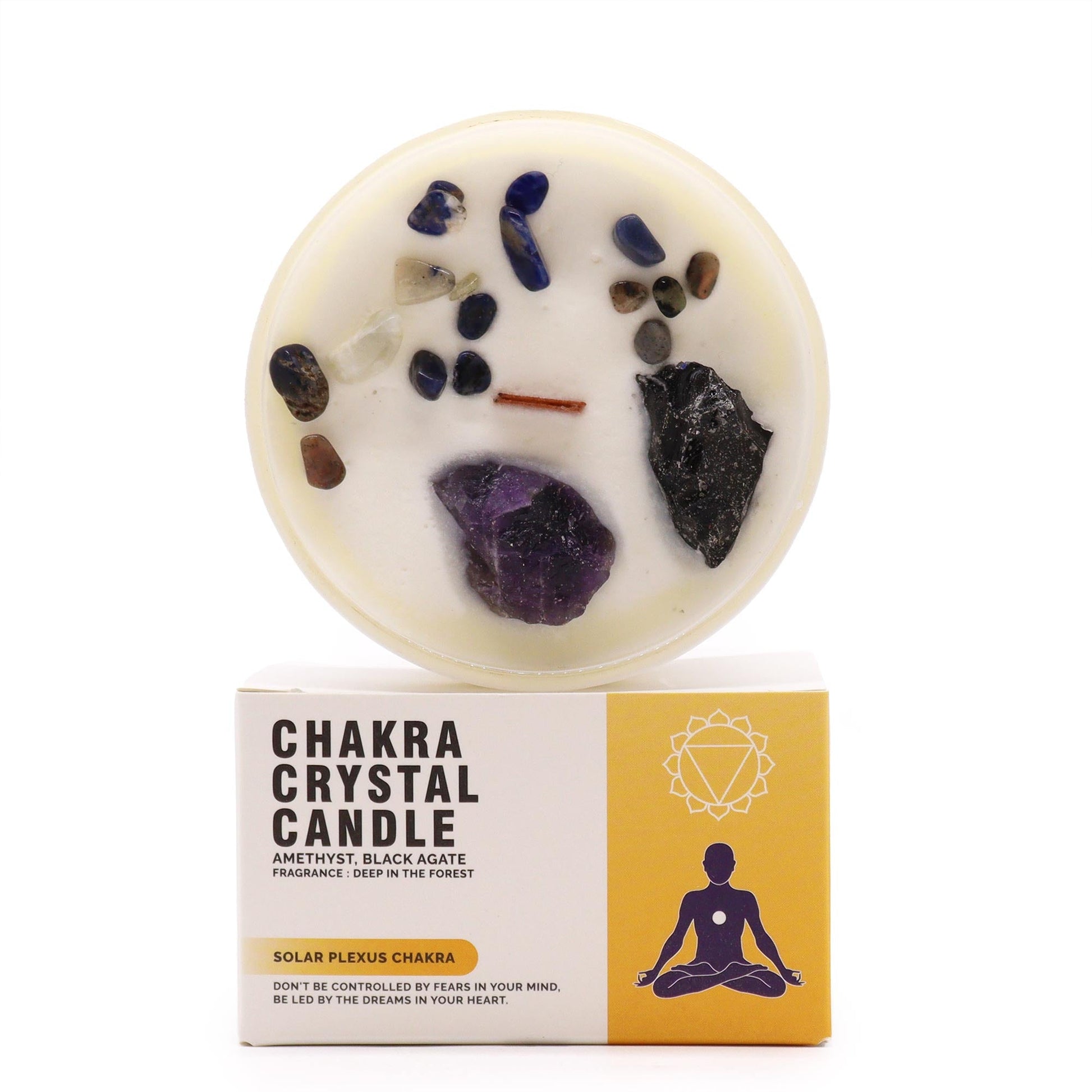 Scented Chakra Crystal and Eco-Friendly Soy Wax Candle - Solar Plexus Chakra product packaging on clean background from Quintessential Holistic Health Ltd