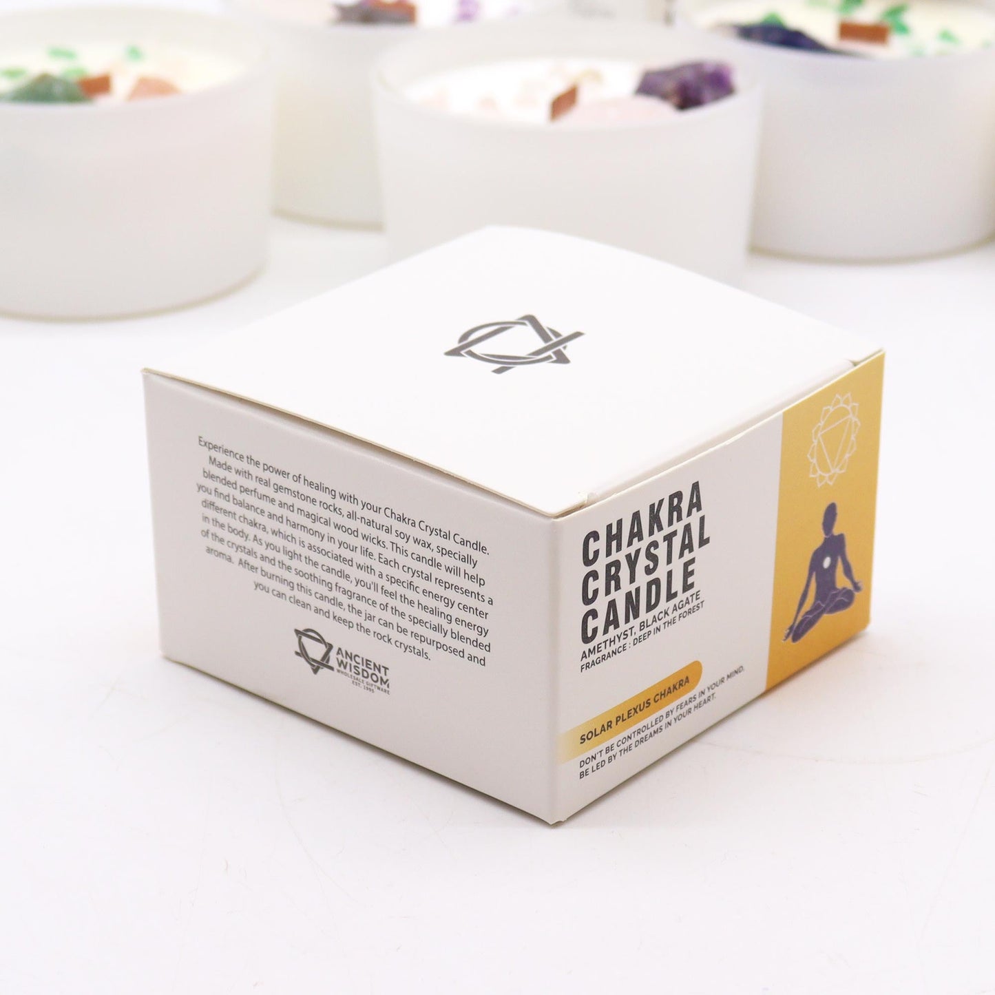 Scented Chakra Crystal and Eco-Friendly Soy Wax Candle - Solar Plexus Chakra product packaging on clean background from Quintessential Holistic Health Ltd