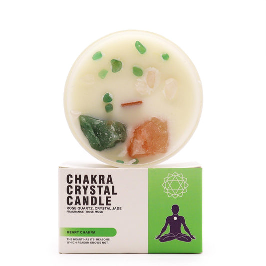 Scented Chakra Crystal and Eco-Friendly Soy Wax Candle - Heart Chakra product packaging on clean background from Quintessential Holistic Health Ltd