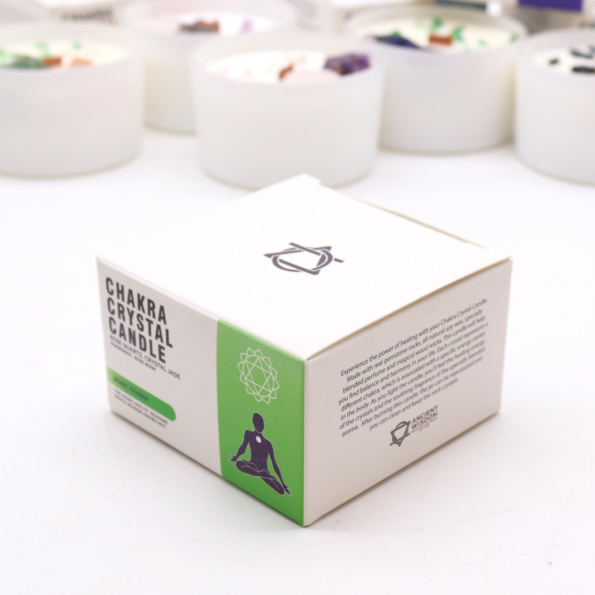 Scented Chakra Crystal and Eco-Friendly Soy Wax Candle - Heart Chakra product packaging on clean background from Quintessential Holistic Health Ltd