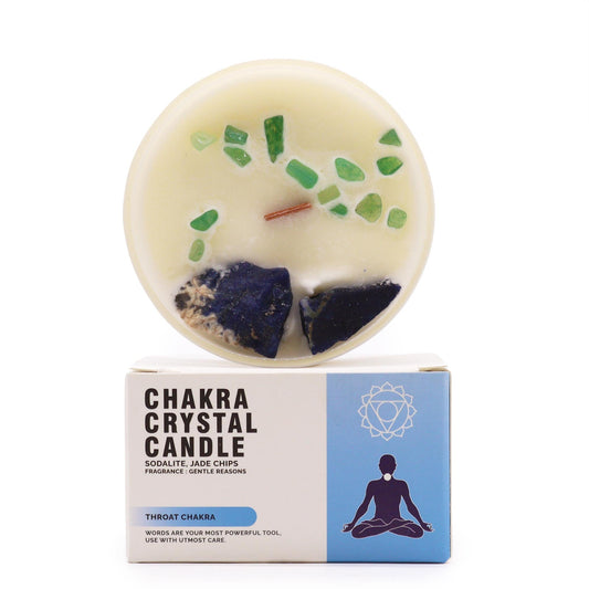 Scented Chakra Crystal and Eco-Friendly Soy Wax Candle - Throat Chakra product packaging on clean background from Quintessential Holistic Health Ltd