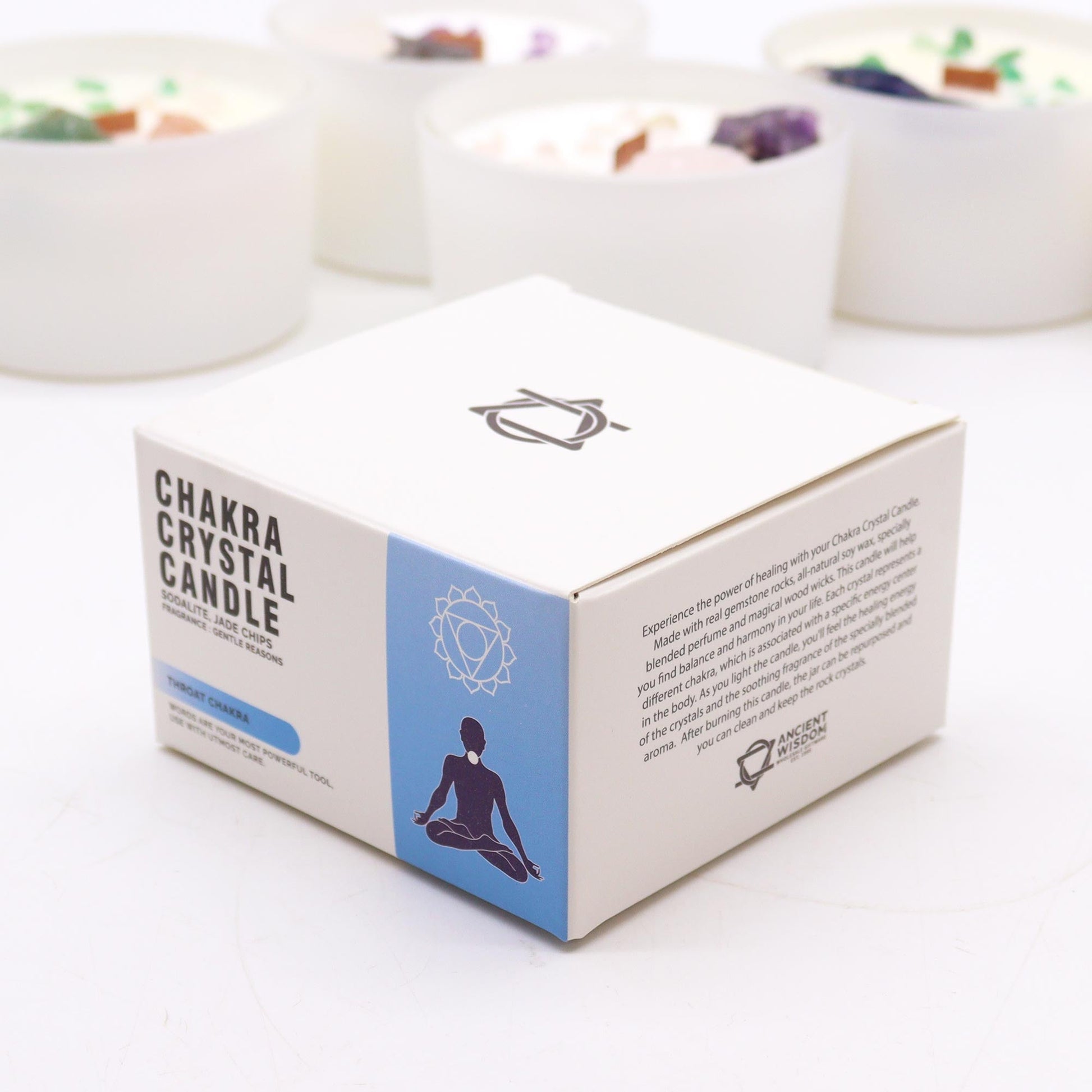 Scented Chakra Crystal and Eco-Friendly Soy Wax Candle - Throat Chakra product packaging on clean background from Quintessential Holistic Health Ltd