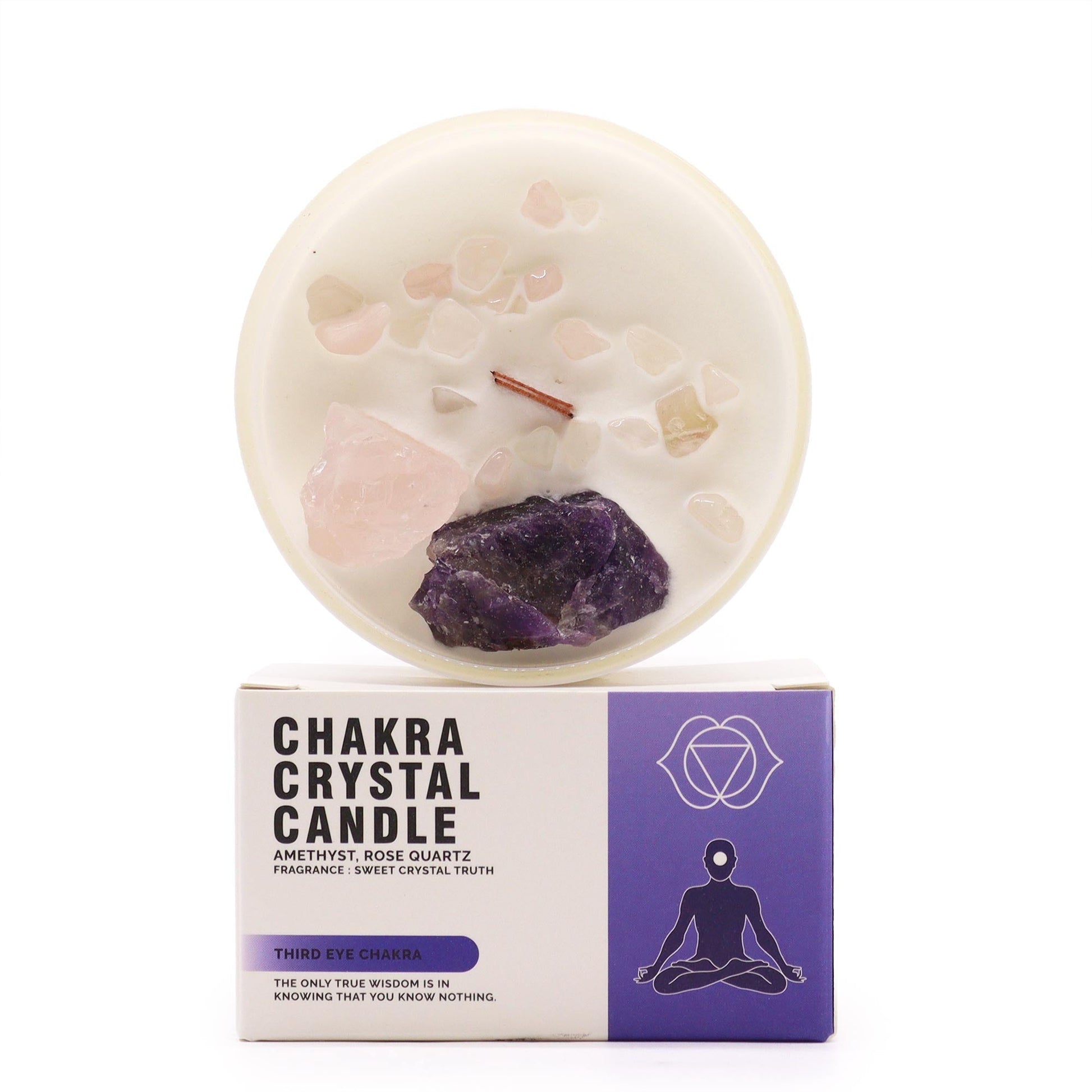 Scented Chakra Crystal and Eco-Friendly Soy Wax Candle - Third Eye Chakra product packaging on clean background from Quintessential Holistic Health Ltd