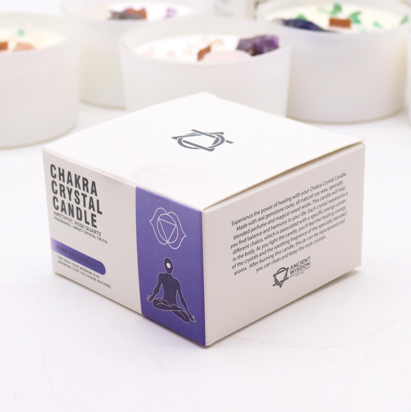 Scented Chakra Crystal and Eco-Friendly Soy Wax Candle - Third Eye Chakra product packaging on clean background from Quintessential Holistic Health Ltd