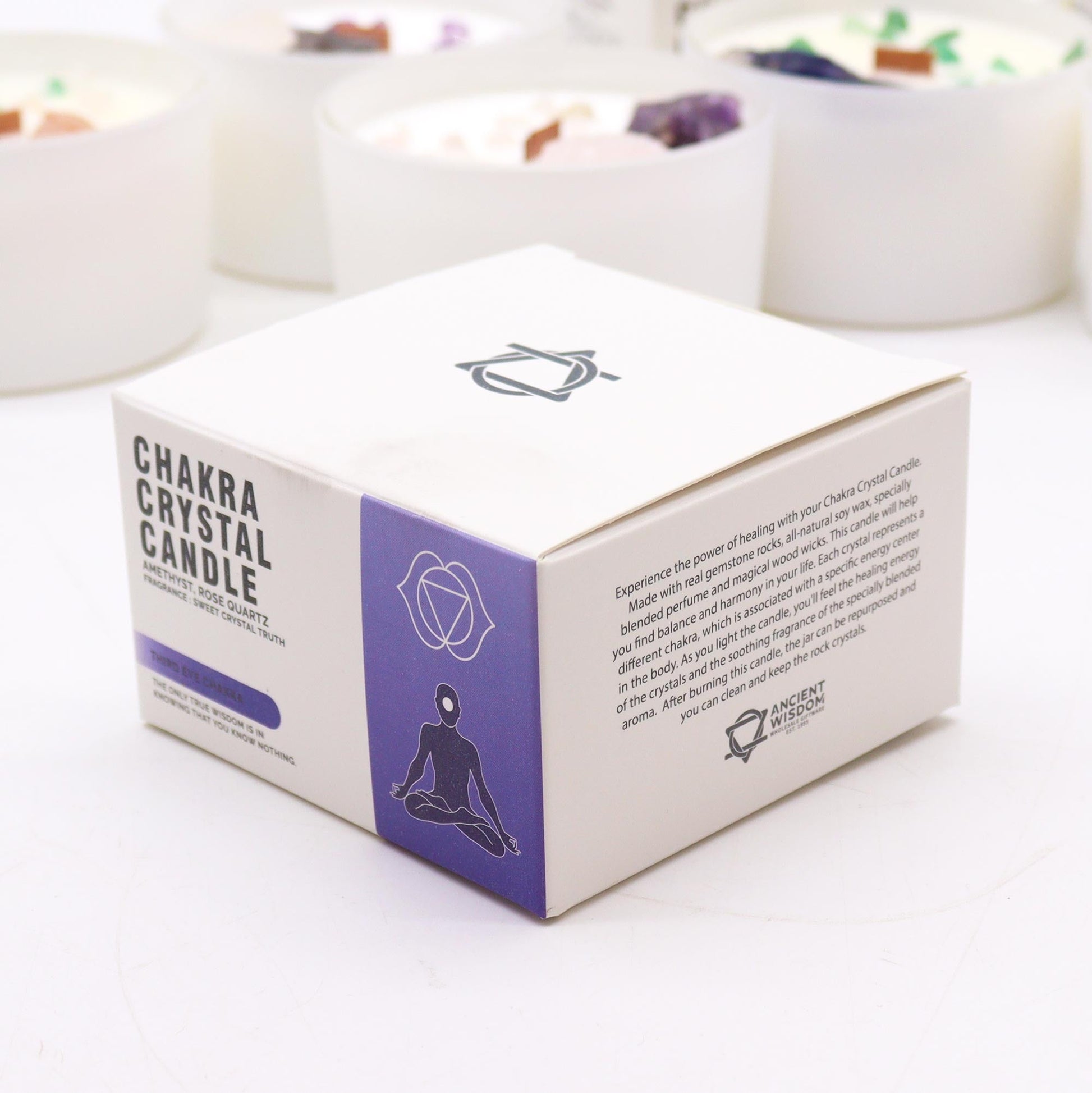 Scented Chakra Crystal and Eco-Friendly Soy Wax Candle - Third Eye Chakra product packaging on clean background from Quintessential Holistic Health Ltd