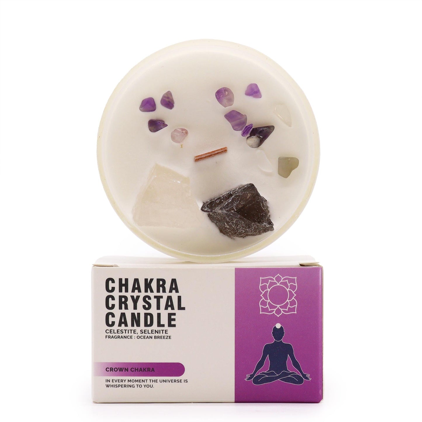 Scented Chakra Crystal and Eco-Friendly Soy Wax Candle - Crown Chakra product packaging on clean background from Quintessential Holistic Health Ltd