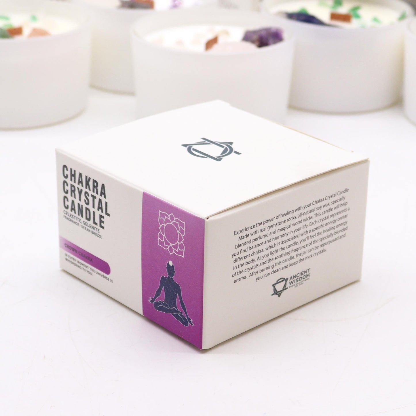 Scented Chakra Crystal and Eco-Friendly Soy Wax Candle - Crown Chakra product packaging on clean background from Quintessential Holistic Health Ltd