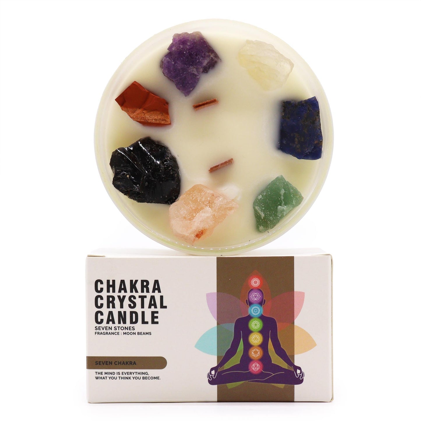 Scented Chakra Crystal and Eco-Friendly Soy Wax Candle - Large / Seven Chakra product packaging on clean background from Quintessential Holistic Health Ltd