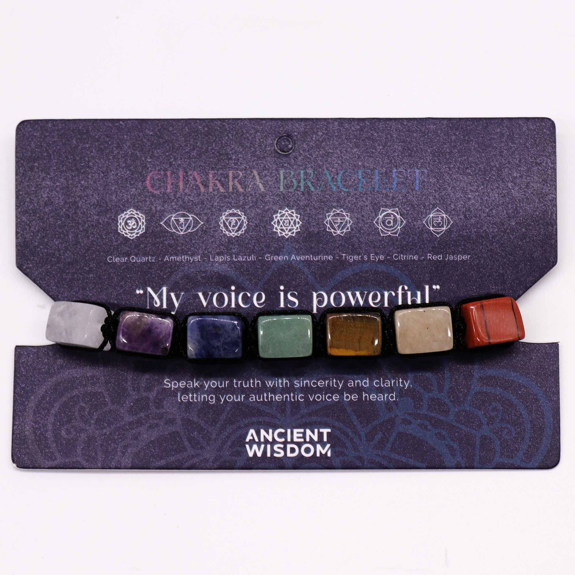 Chakra String Bracelet - Tumble Stones product packaging on clean background from Quintessential Holistic Health Ltd