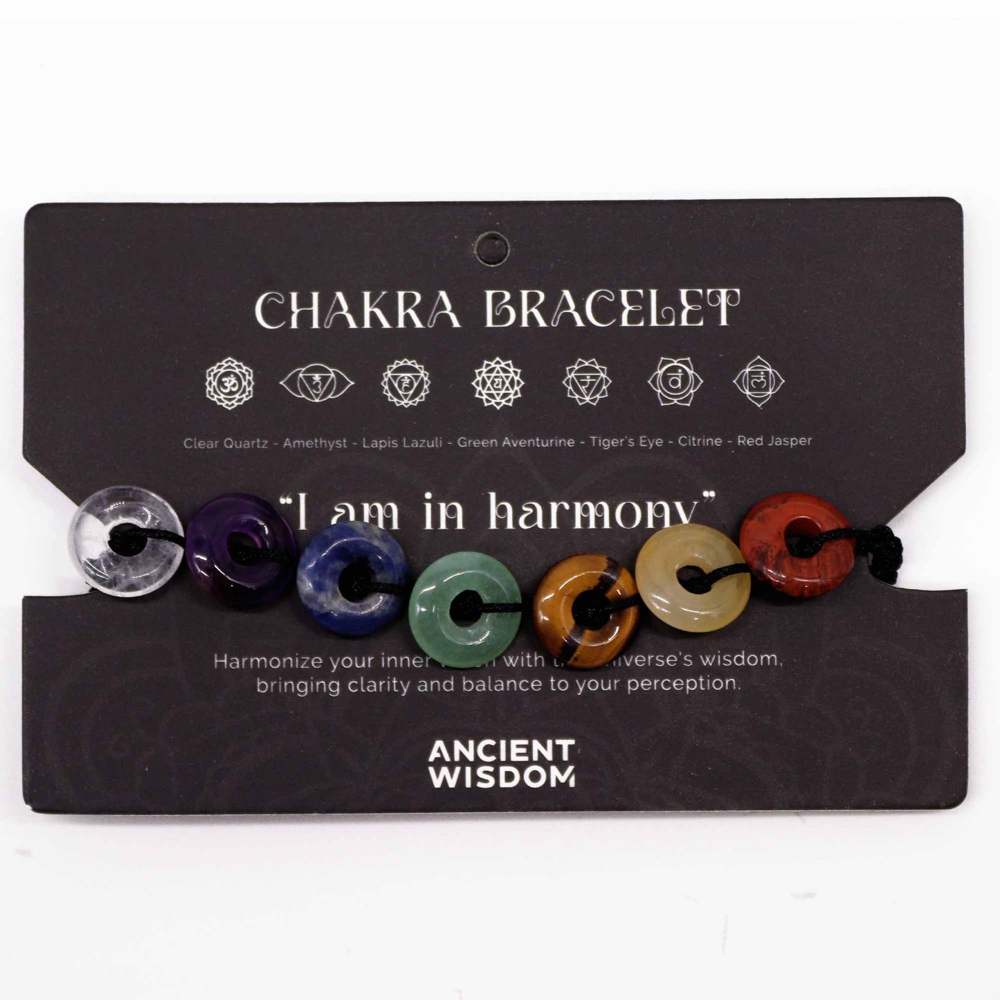 Chakra String Bracelet - Mini Doughnuts product packaging on clean background from Quintessential Holistic Health Ltd