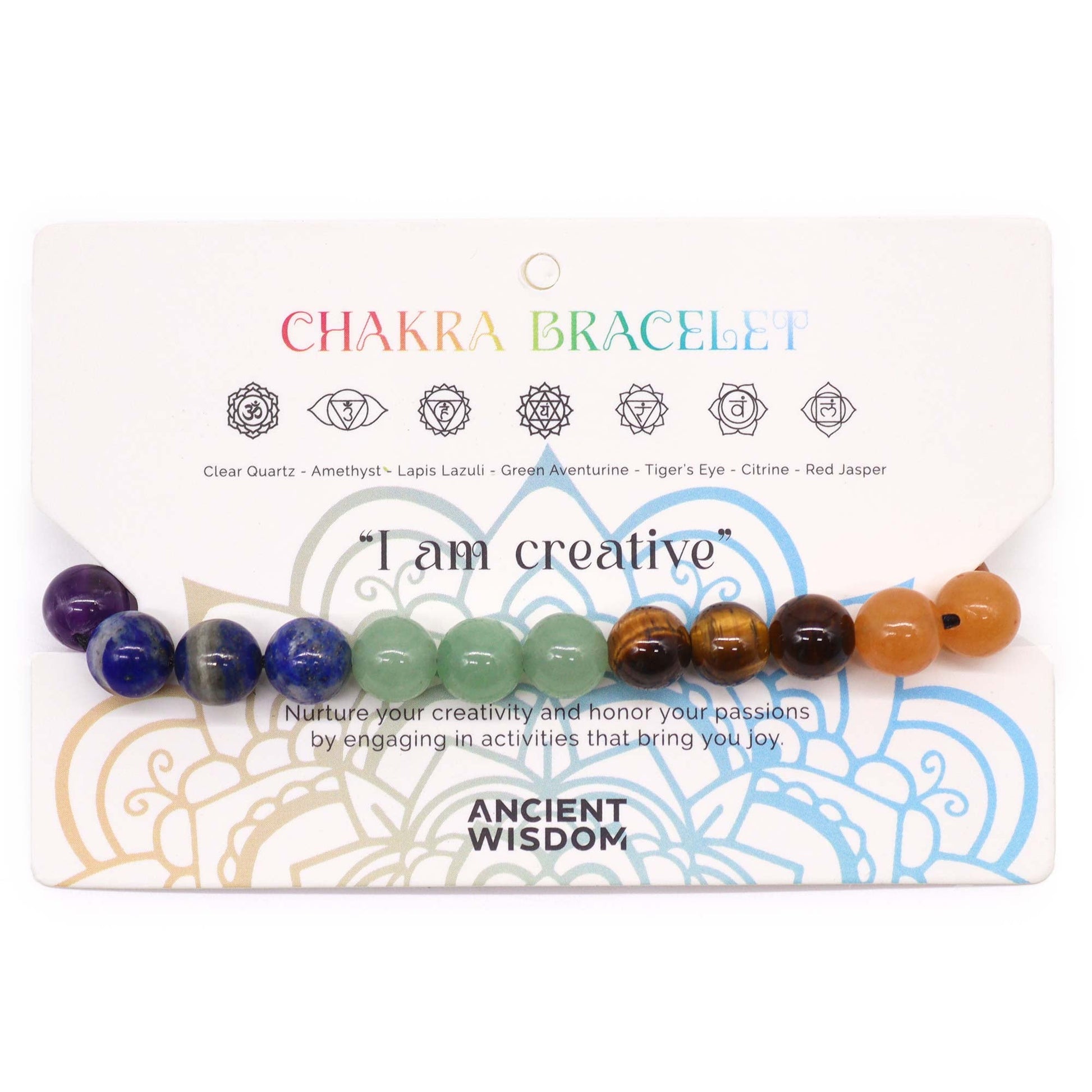 Chakra String Bracelet - 21 Stones product packaging on clean background from Quintessential Holistic Health Ltd