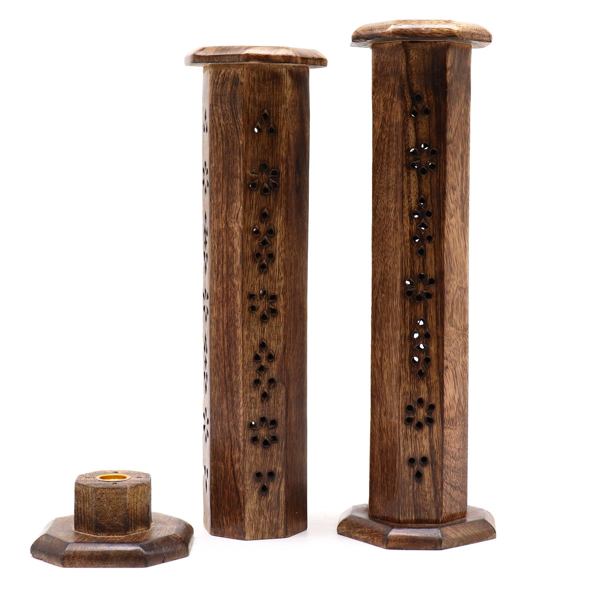 Mango Wood Hexagonal Incense Tower - 30 × 7.5 cm, two upright brown pierced towers beside a small detached hexagonal holder, by Quintessential Holistic Health Ltd