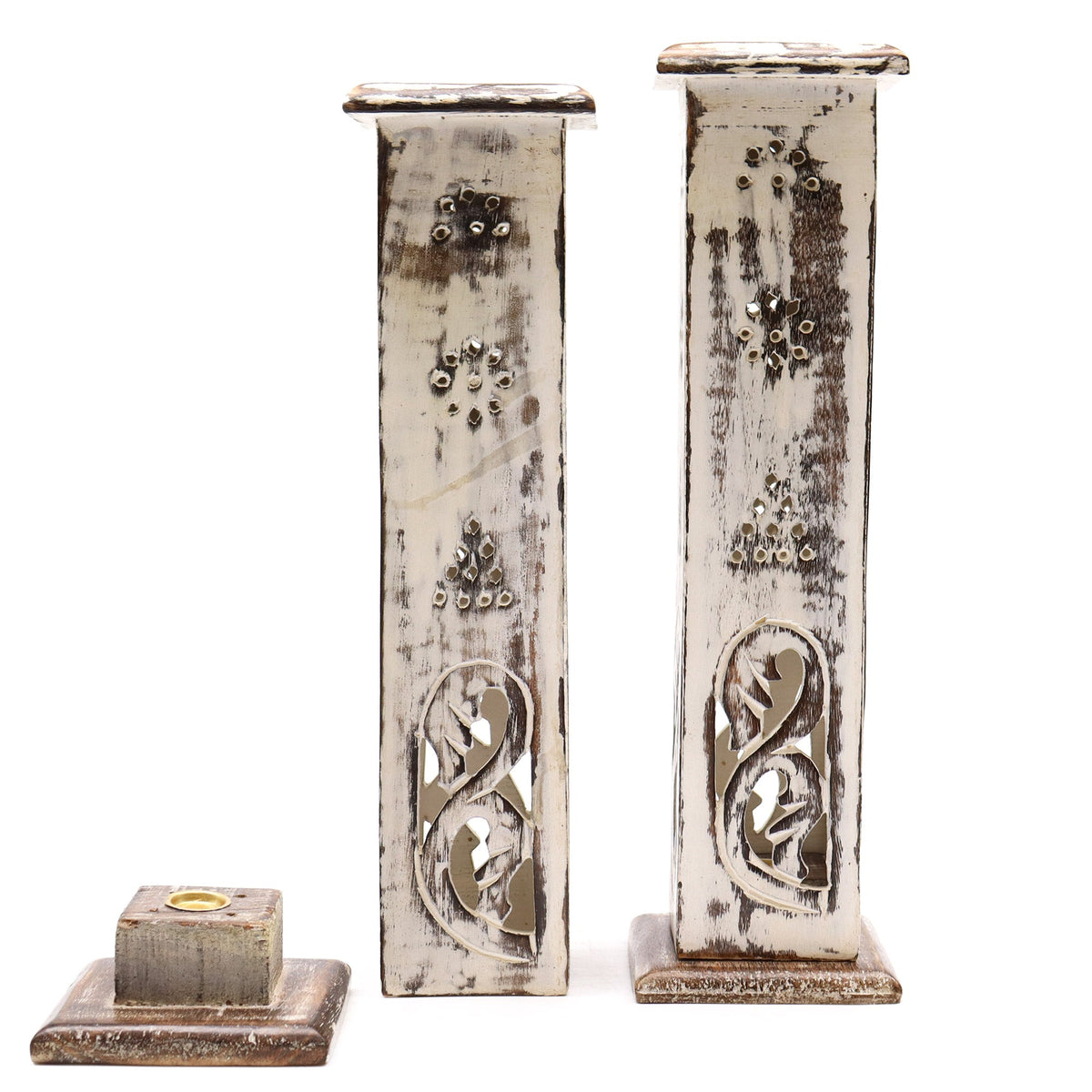 Papdi Wood Square Incense Tower - Whitewash, two tall pierced towers with carved lower panels beside a detached square base, by Quintessential Holistic Health Ltd