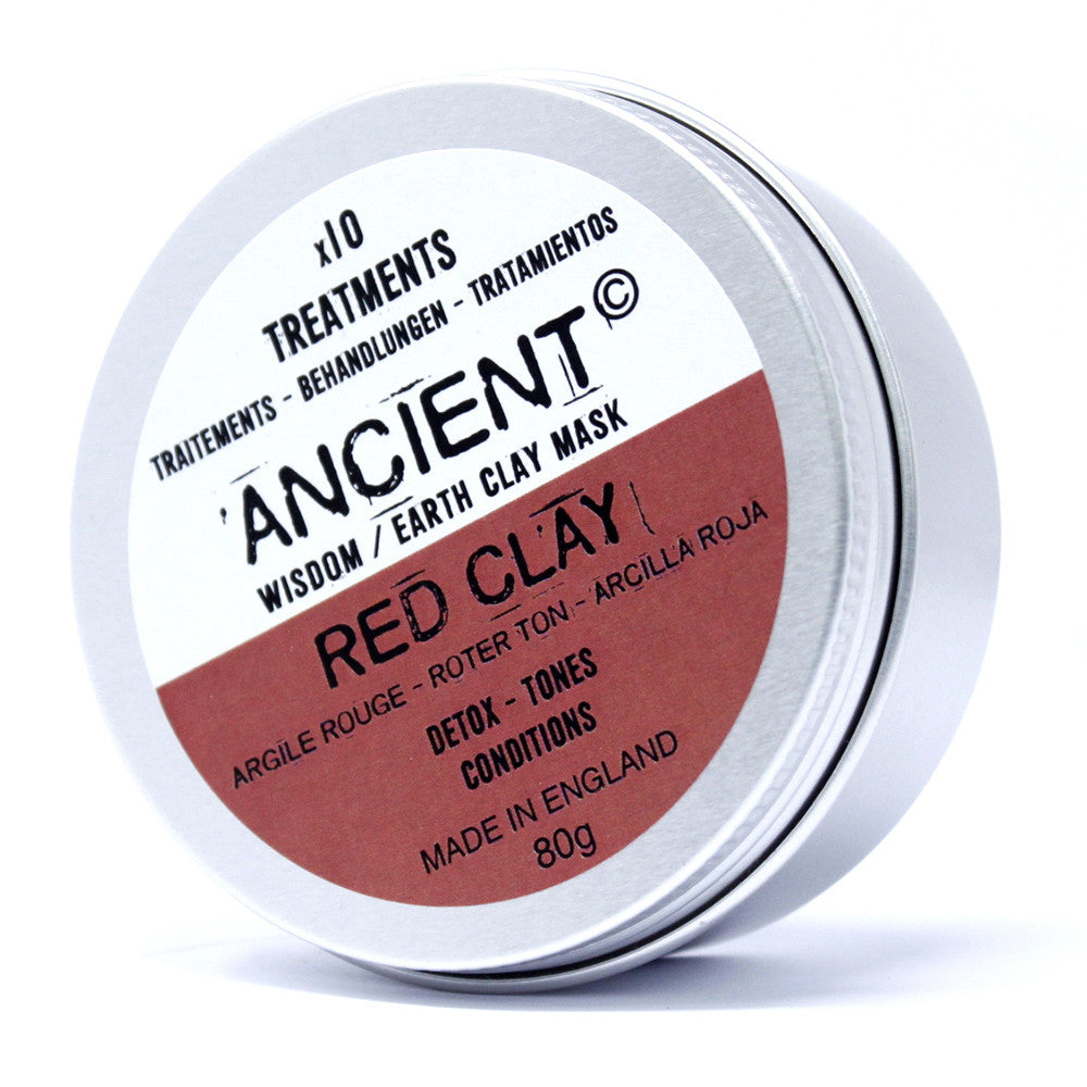 Natural Clay Face Mask - 80g - Red Clay, shown in a closed round silver tin with a red, white and black label by Quintessential Holistic Health Ltd