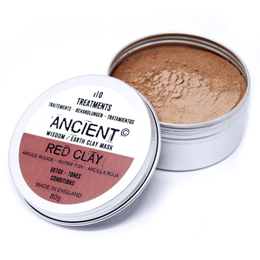 Natural Clay Face Mask - 80g - Red Clay, with pale brown powder in an open silver tin beside its labelled lid by Quintessential Holistic Health Ltd