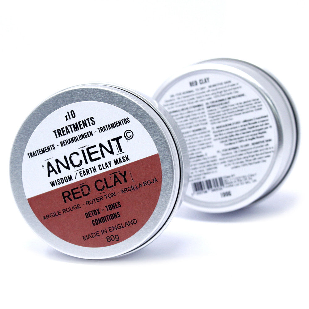 Natural Clay Face Mask - 80g - Red Clay, in an open silver tin with its labelled lid and reverse-facing base beside it by Quintessential Holistic Health Ltd
