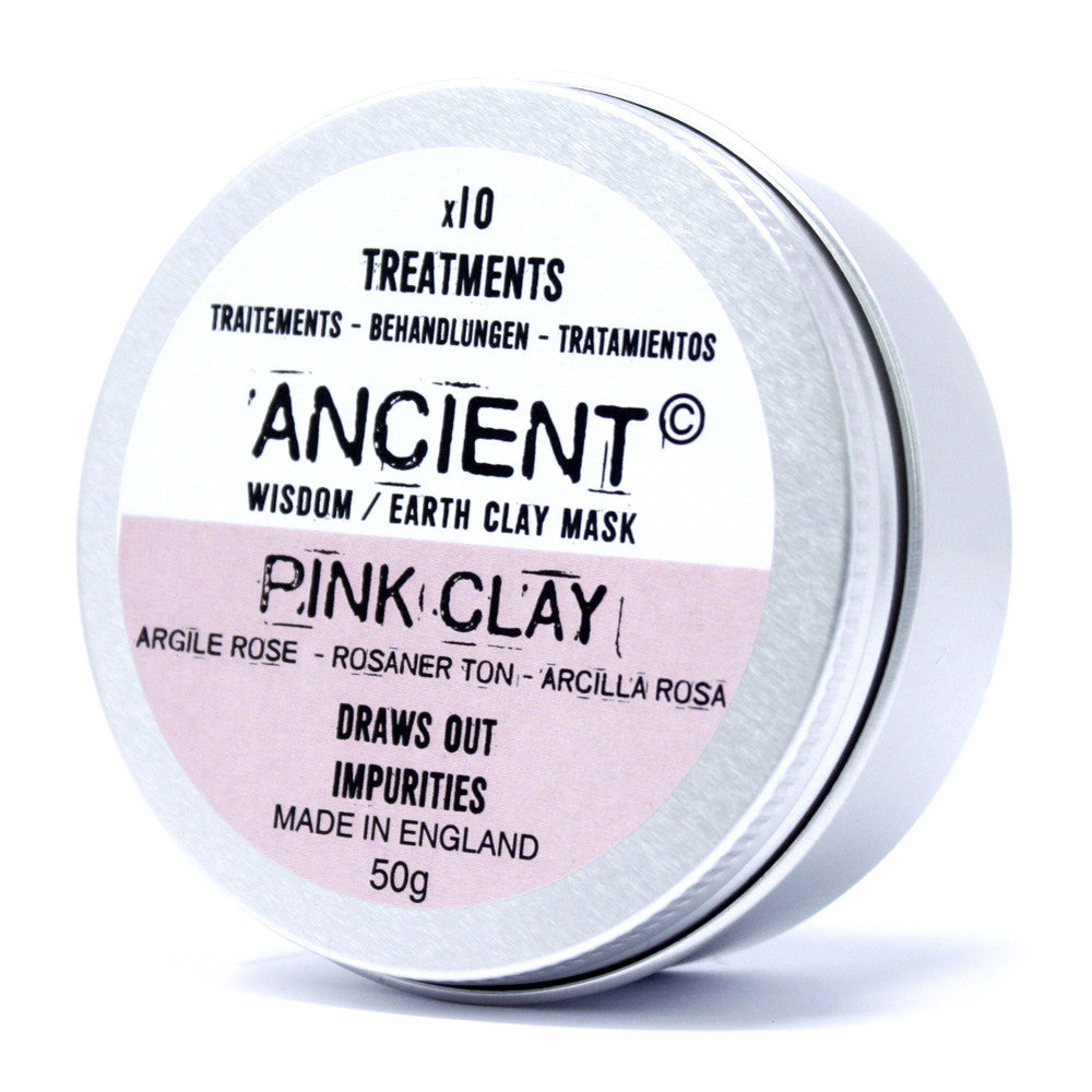 Natural Clay Face Mask - Pink Kaolin Clay, 50g, close view of a round tin with an Ancient Wisdom label by Quintessential Holistic Health Ltd