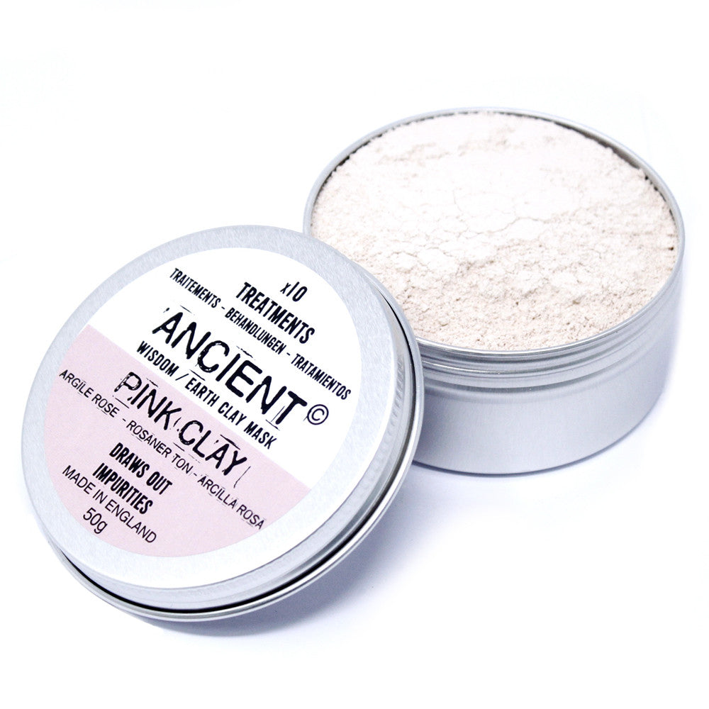 Natural Clay Face Mask - Pink Kaolin Clay, 50g, open tin showing pale pink powder beside its labelled lid by Quintessential Holistic Health Ltd