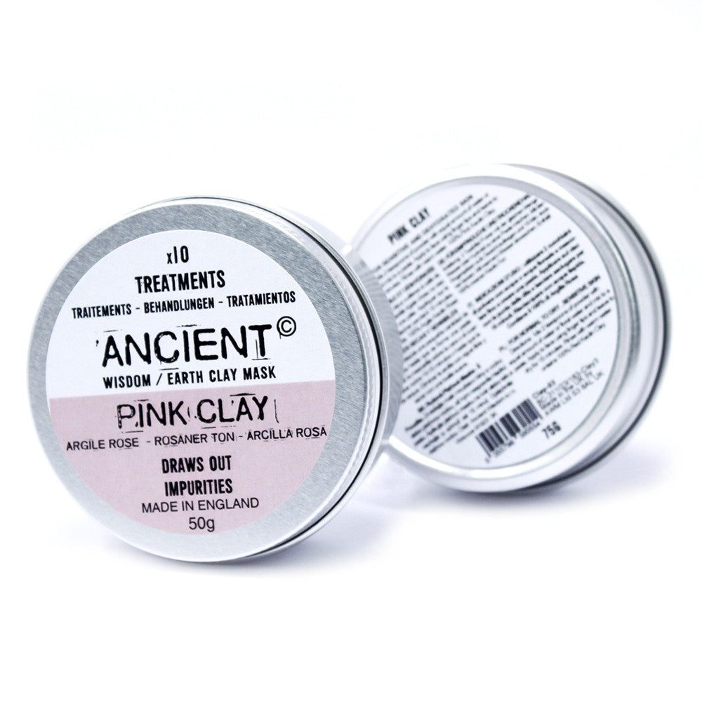 Natural Clay Face Mask - Pink Kaolin Clay, 50g, two round tins showing front and back printed labels by Quintessential Holistic Health Ltd