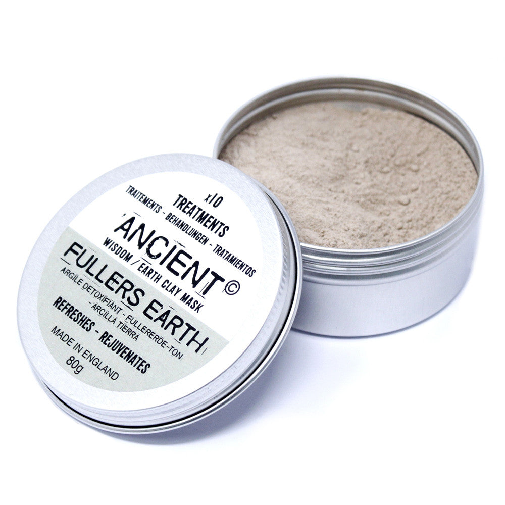 Natural Clay Face Mask - Fuller Earth - 80g shown as an open silver tin of pale powder with its labelled lid leaning in front by Quintessential Holistic Health Ltd