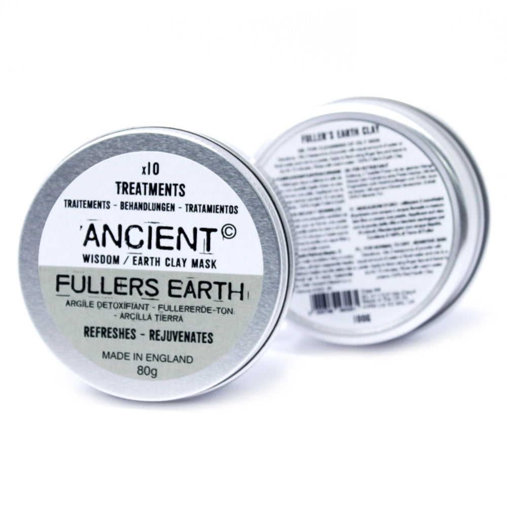 Natural Clay Face Mask - Fuller Earth - 80g in a closed labelled silver tin beside a second tin showing its reverse label by Quintessential Holistic Health Ltd