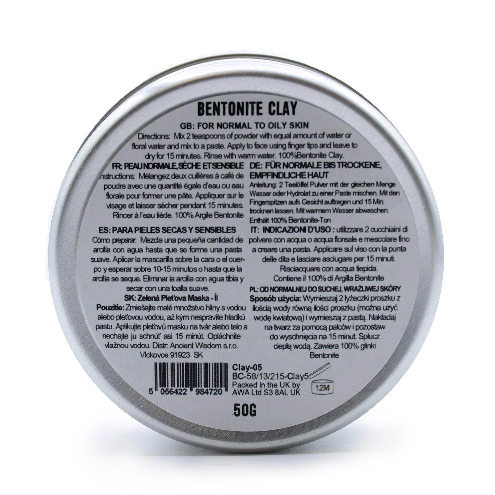 50g Natural Clay Face Mask - Bentonite Clay product packaging on clean background from Quintessential Holistic Health Ltd