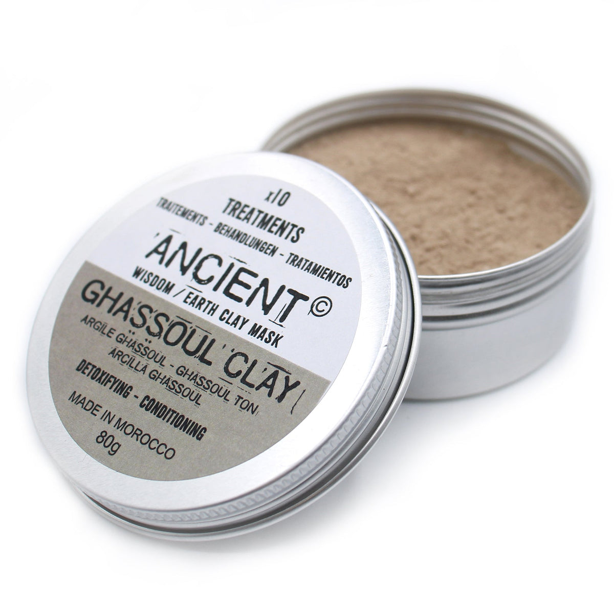 Ghassoul Rhassoul Clay Face Mask - 80g, in an open silver tin with the labelled lid resting against it, by Quintessential Holistic Health Ltd