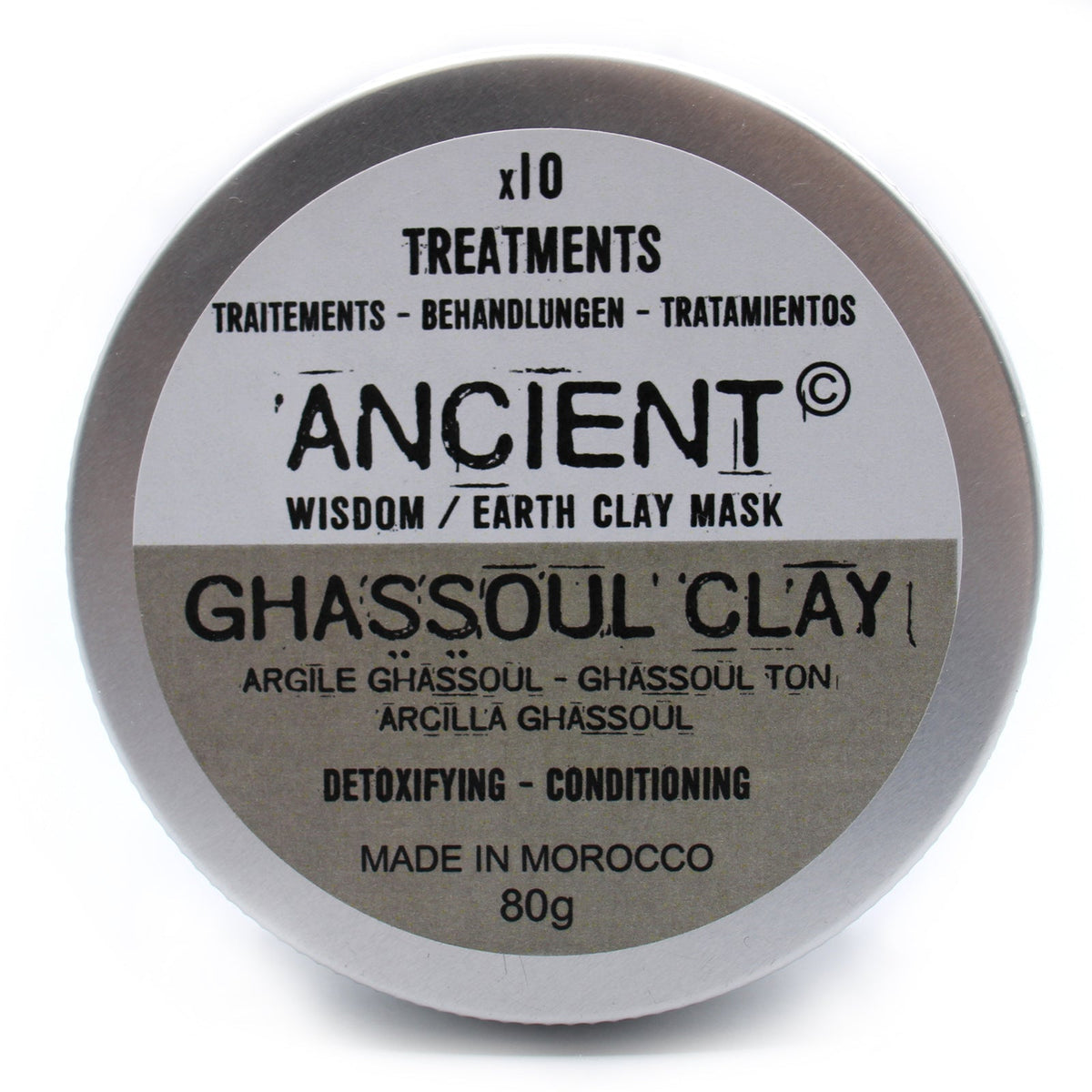 Ghassoul Rhassoul Clay Face Mask - 80g, in a closed round silver tin with a grey Ancient label, by Quintessential Holistic Health Ltd
