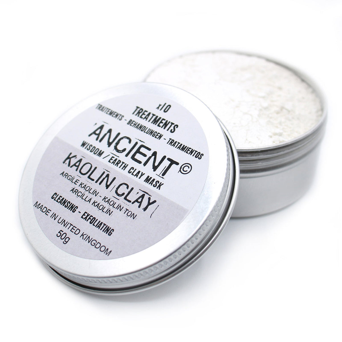 Natural Clay Face Mask - 50g - Kaolin Clay in an open round silver tin with white powder and a black-lettered lid label by Quintessential Holistic Health Ltd