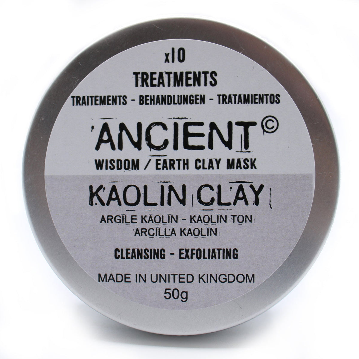 Natural Clay Face Mask - 50g - Kaolin Clay showing the circular front label with bold black lettering by Quintessential Holistic Health Ltd