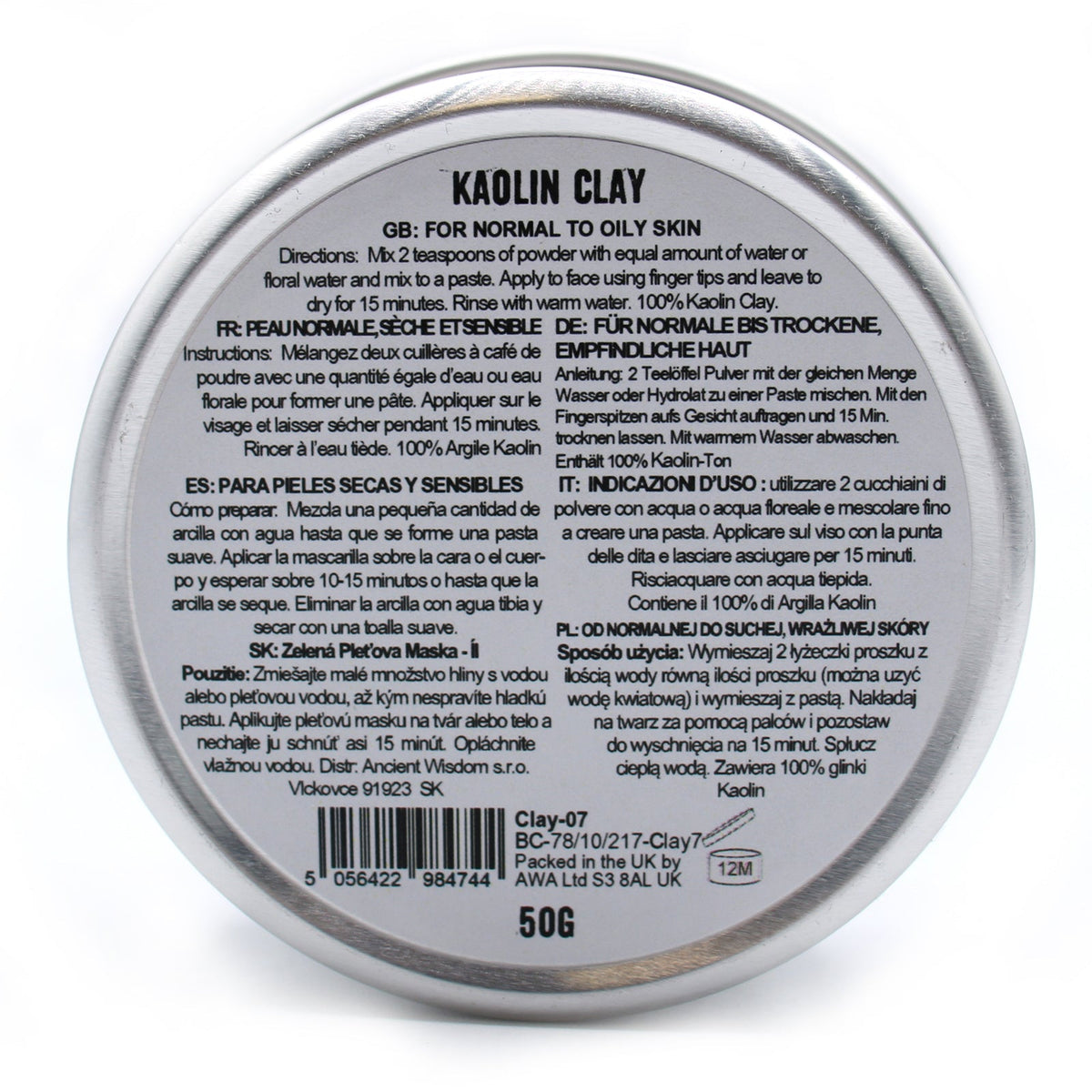 Natural Clay Face Mask - 50g - Kaolin Clay showing the circular reverse label with dense black text by Quintessential Holistic Health Ltd
