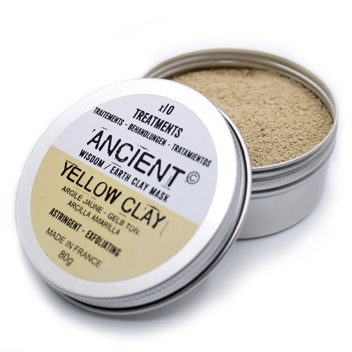 80g Natural Yellow Clay Face Mask in an open round tin beside its labelled lid, with beige powder visible, by Quintessential Holistic Health Ltd