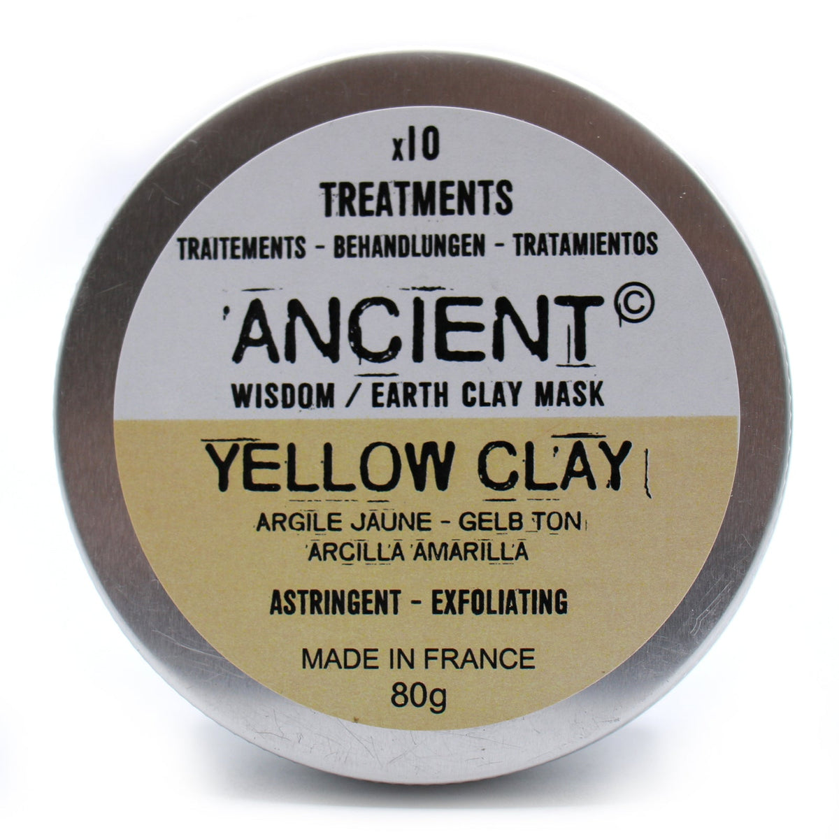 80g Natural Yellow Clay Face Mask in a closed round tin with a cream, black and yellow lid label, by Quintessential Holistic Health Ltd