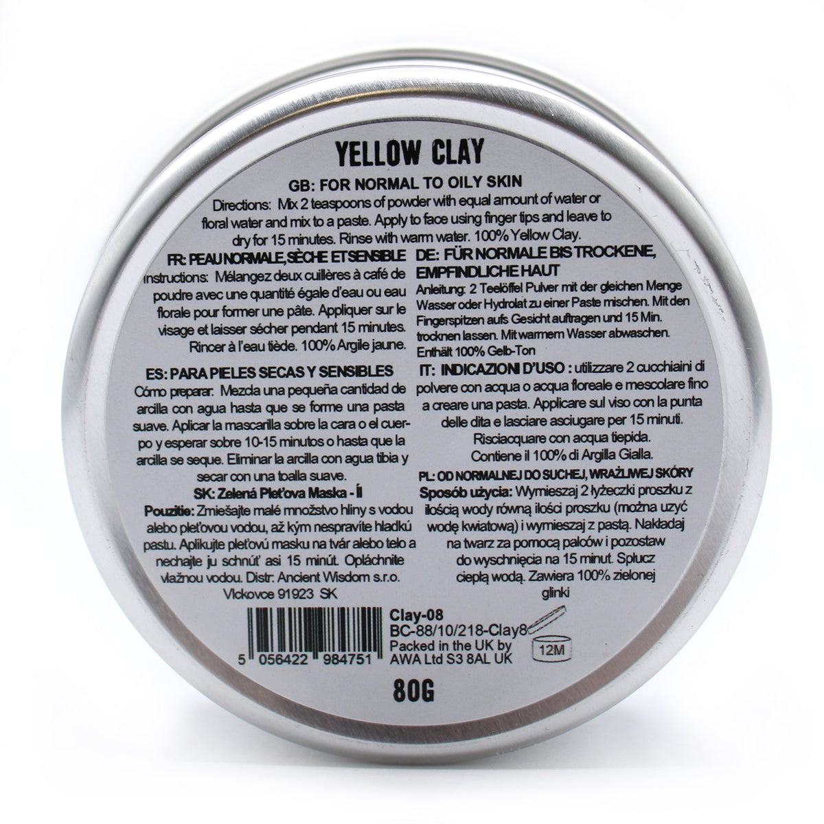 80g Natural Yellow Clay Face Mask shown on the back of a round tin with a detailed label and barcode, by Quintessential Holistic Health Ltd